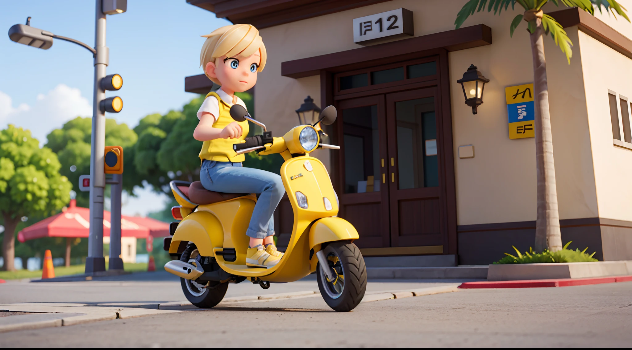 A blonde girl riding a yellow electric bike，Yellow scooter、Blonde ponytailed girl，Girl Next Door、Perfect quality，Clear focus， （tmasterpiece：1.2） （realisticlying：1.2） （Bokeh） （best qualtiy） （detailedskin：1.3） （complexdetails） （8K） （detailedeyes） （Sharp focus）
