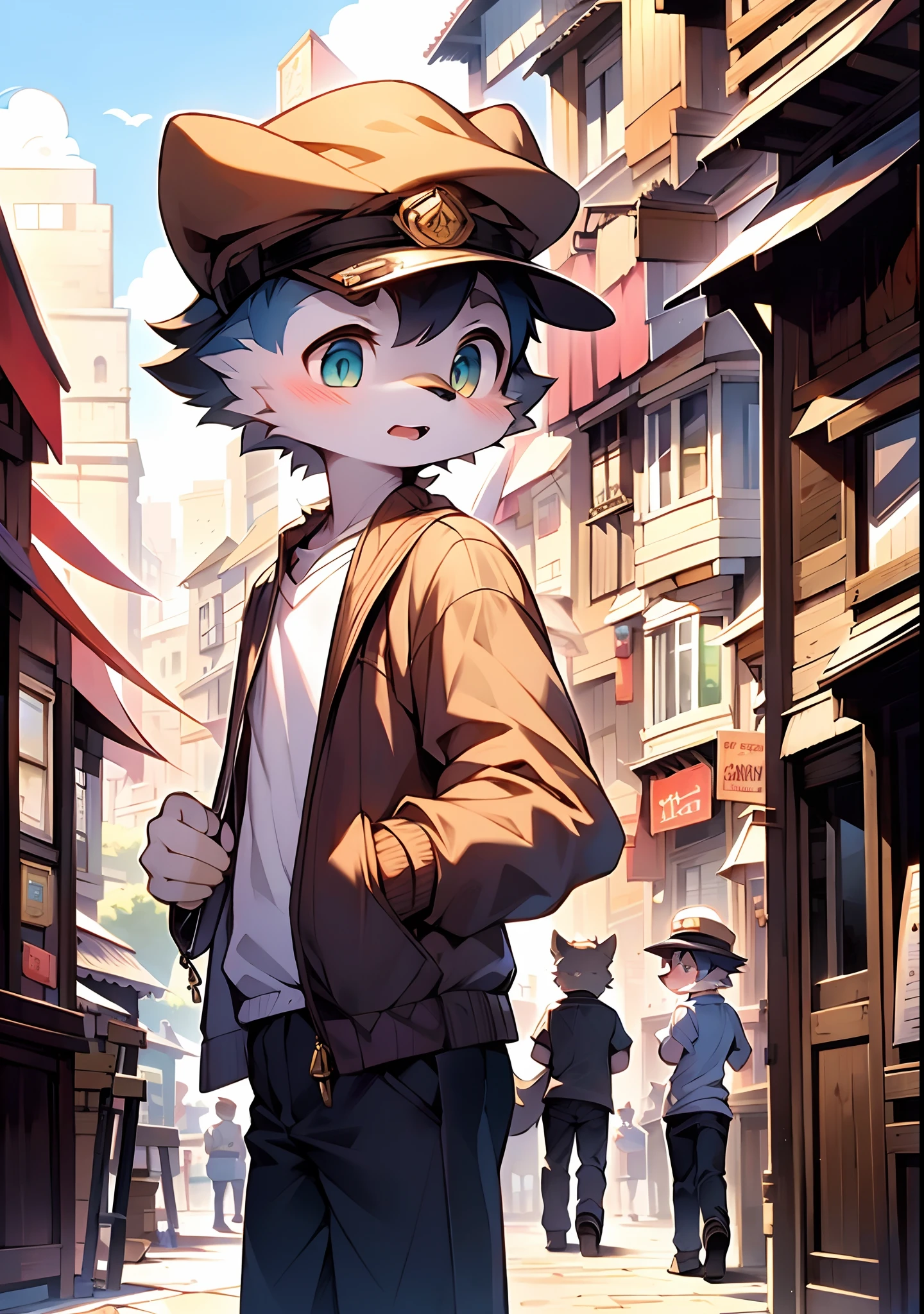 The streets of London at the beginning of the twentieth century，Cute little wolf，Libido boy，Slim figure，pale gray fur，Bright morning sun，Brown newsboy hat，white short blouse，brown shorts，Sell moe，Bright and smart eyes（A masterpiece）（high qulity）（Clear structure）（Clear lines）（Background of extreme detail）（extremelydetailedcharacter）