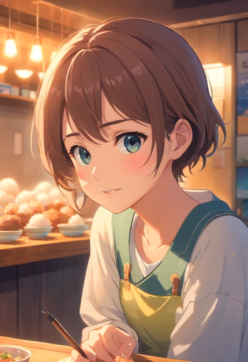masterpiece、top-quality、Movie stills、1girl in、I have my mouth wide open、Eating rice balls with one hand、is crying、Holding a pen in another hand、inside in room、a closeup、Happiness、Warm and soft lighting、zori、(Spark:0.7)