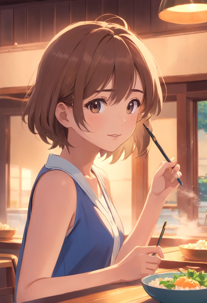 masterpiece、top-quality、Movie stills、1girl in、I have my mouth wide open、Eating rice balls with one hand、is crying、Holding a pen in another hand、inside in room、a closeup、Happiness、Warm and soft lighting、zori、(Spark:0.7)