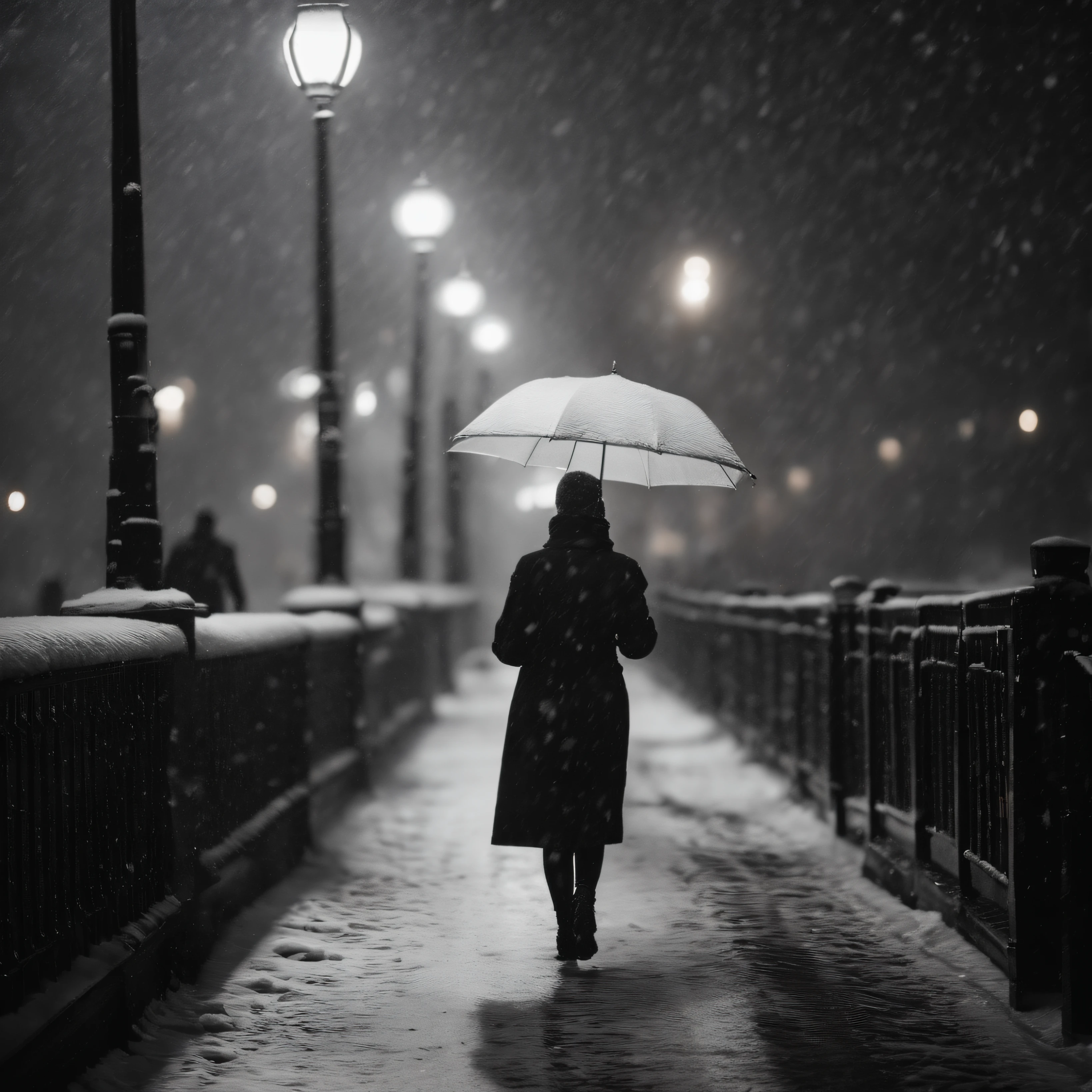 Winters,the night,nevando,Snow on the ground,pedestrian walkway,Holding an umbrella,White umbrella,Long white dress,shot from a far distance, --auto