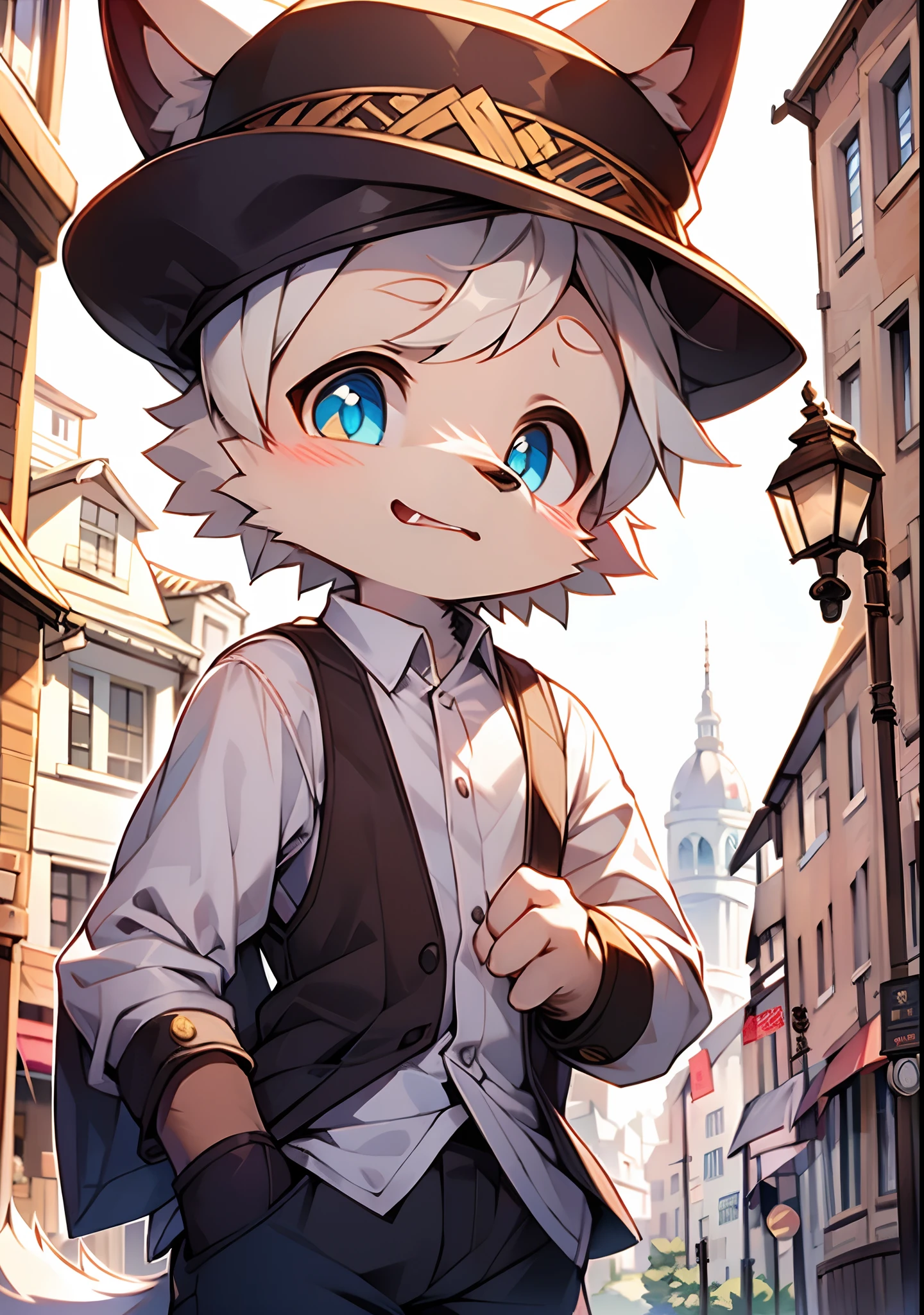 The streets of London at the beginning of the twentieth century,Cute little wolf,Libido boy,Slim figure,pale gray fur,Bright morning sun,Brown newsboy hat,white short blouse,brown shorts,Sell moe,Bright and smart eyes(A masterpiece)(high qulity)(Clear structure)(Clear lines)(Background of extreme detail)(extremelydetailedcharacter)