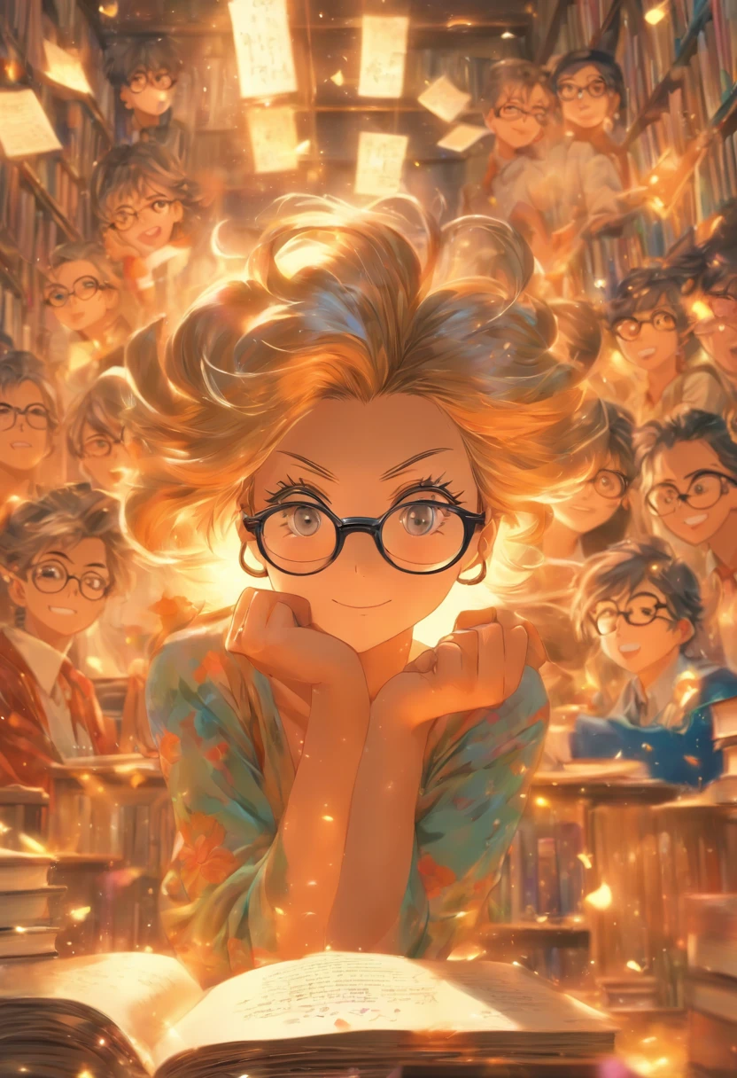 Quality first,masterpiece in detail,A middle-aged woman wears glasses,sportrait,closeup cleavage,Several students wrote,looking at book,in class room,fresh flowers,Rich in color