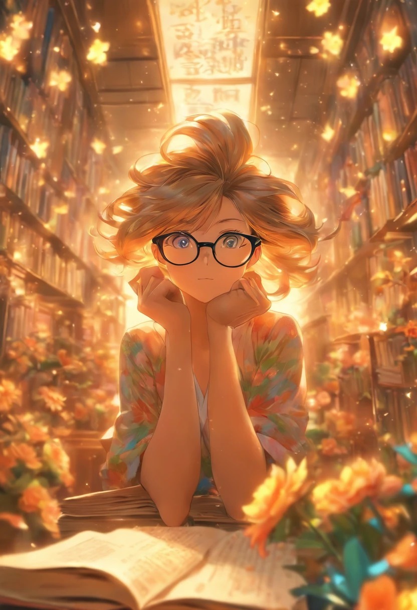 Quality first,masterpiece in detail,A middle-aged woman wears glasses,sportrait,closeup cleavage,Several students wrote,looking at book,in class room,fresh flowers,Rich in color