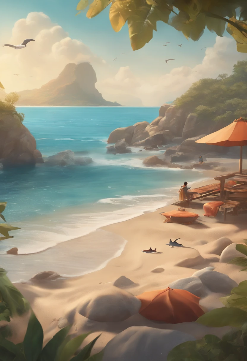 (best quality,4k,8k,highres,masterpiece:1.2),ultra-detailed,(realistic,photorealistic,photo-realistic:1.37),multiple cartoon characters,rocks,dolphins,seagulls,beach,side-scrolling,fish school,far distance with blue sky and white clouds,near distance with crashing waves and sandy beach,in the style of Artgerm and Atey Ghailan,inspired by Cyril Rolando,artist: Ryan Yee, inspired by Atey Ghailan, inspired by Cyril Rolando, with the essence of Atey Ghailan and pixiv style, combined with Cyril Rolando and Fujita Gorō's style.