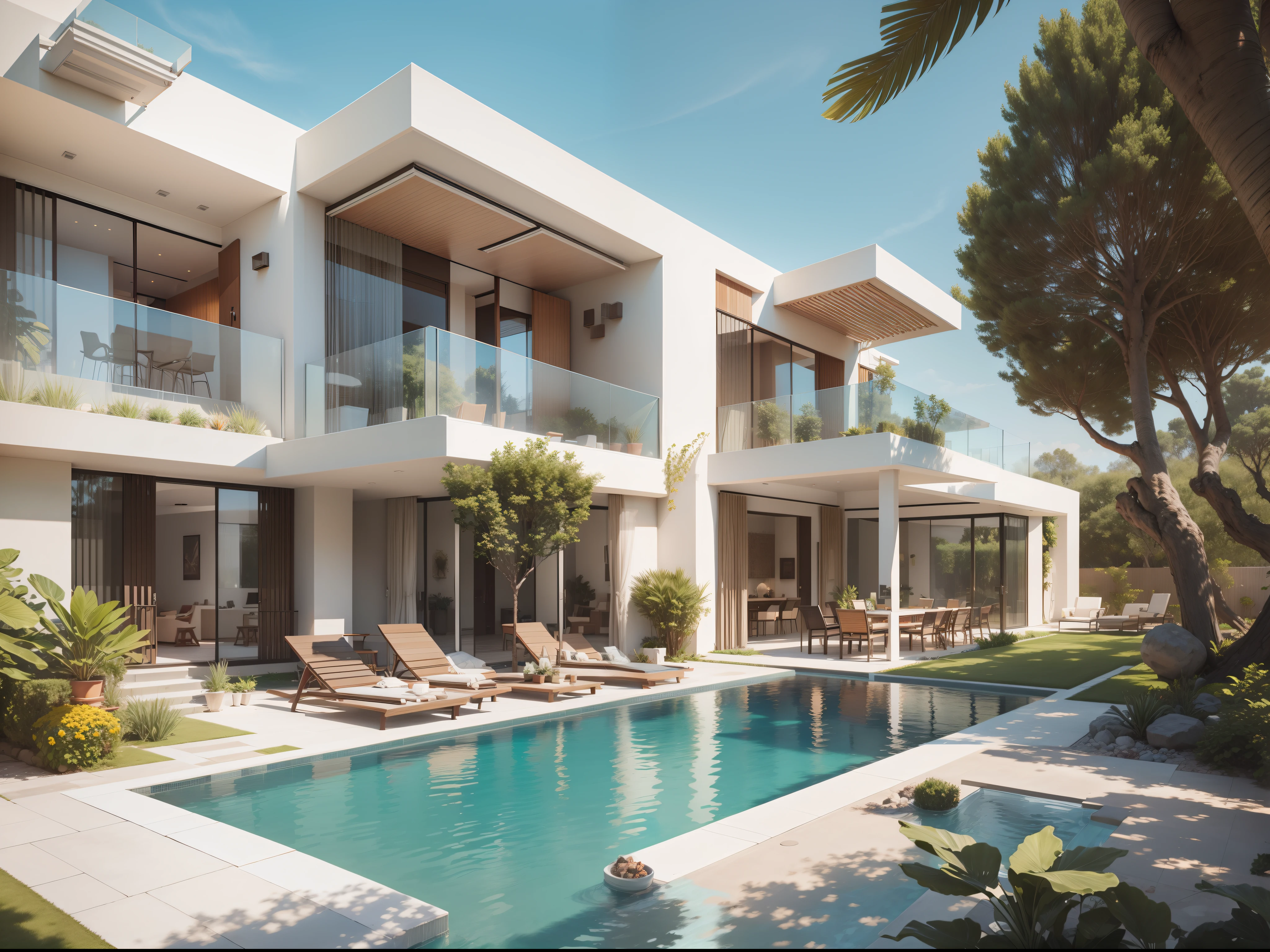 Modern superior villa ,Two floors, Pool,trpical garden, and the sun was shining brightly, the detail, 4K, k hd, high high quality