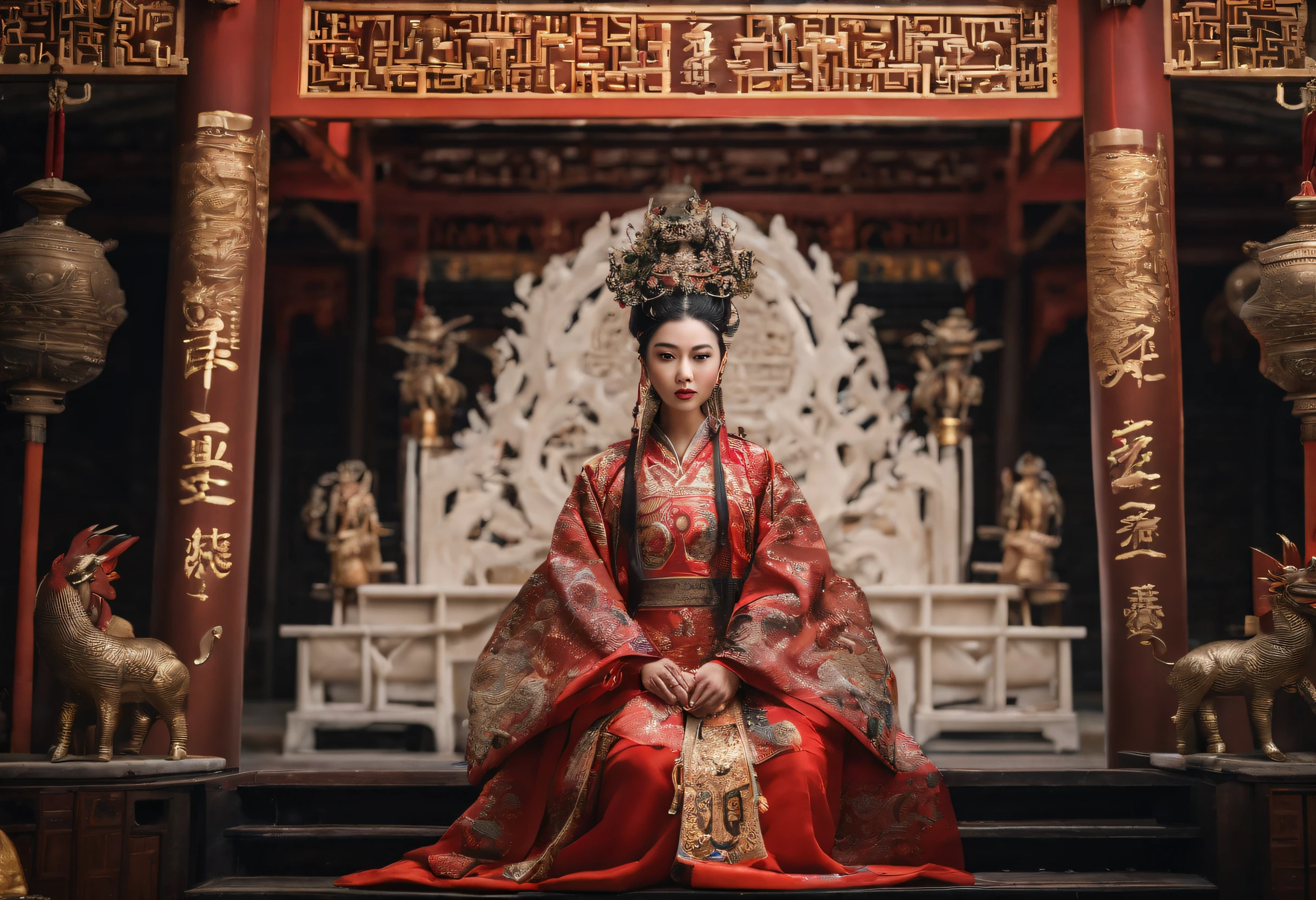 Fengshen Bang,tmasterpiece,ultra fine photos,,best qualtiy,超高分辨率,Photoreality,Chiaroscuro,(full-body portraits),stunningly beautiful,dynamicposes,delicated face,Bigchest,Murderous eyes,(seen from the side),She wears gold ancient Chinese armor,very highly detailed background,detailed face with,Detailed and complex busy background,untidy,opulent,milkyW,Highly detailed skin,Realistic details of skin,Visible Pore,tack sharp focus,volume fog,8k uhd,digital SLR camera,high qulity,filmgrain,White skin of the,photo-realism,lomography,The palace of the Yin Shang King in ancient China , look from down, semi transparent, gigantic breasts, showing cleavage, full body shot camera angle, lotus tattoo on forehead, sexy body: 1.4, Slim abdomen: 1.2, sitting on chair with legs up, gigantic deep cleavage, open shirt, opens her legs in an M shape,