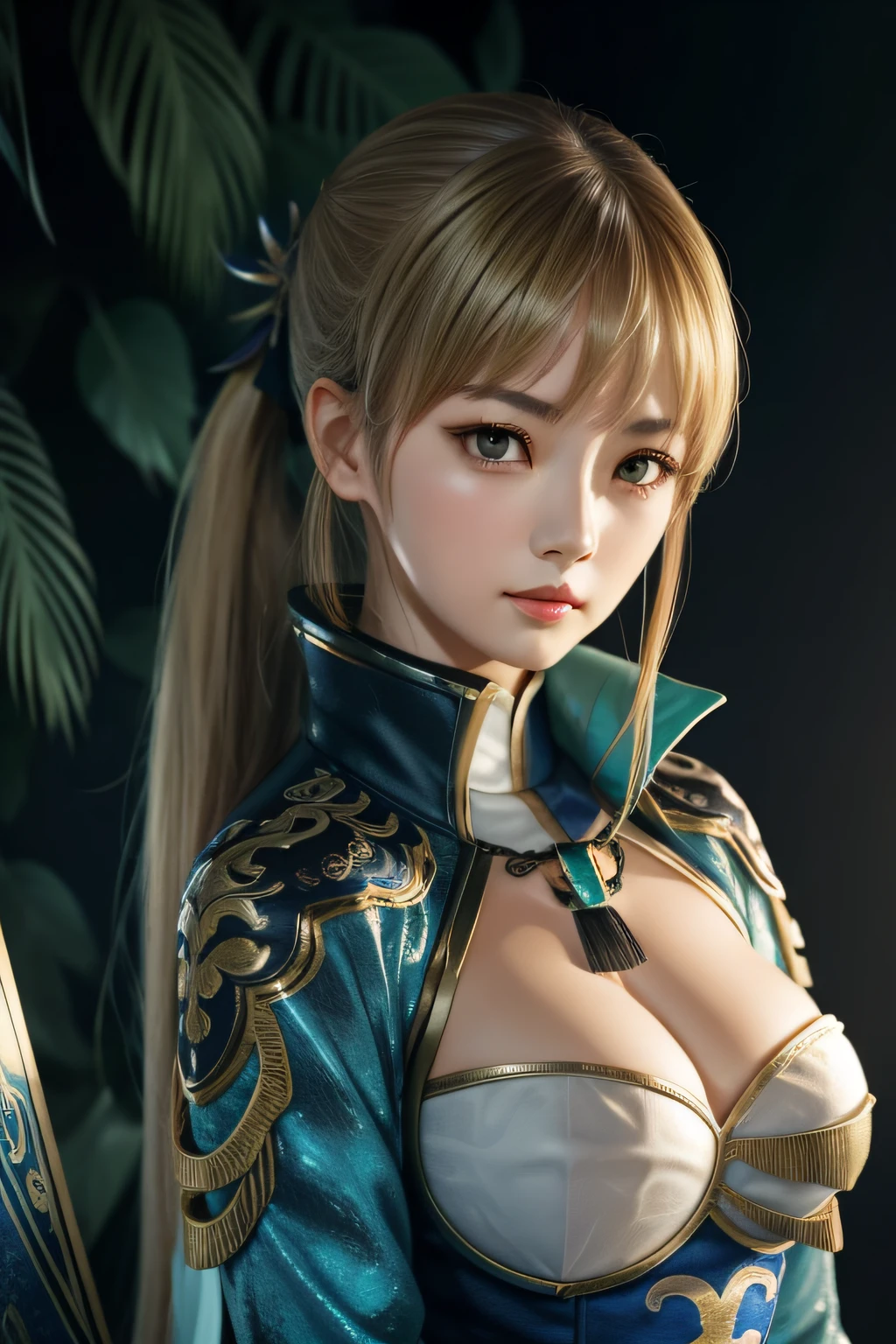 Wang Yuanjie(Wang_Yuanji)、1girl, ​masterpiece、top-quality、ponytail, {小柄}、{{{Sharp eyes}}}、antiquegold hair, huge tit、Drop your gaze、{chill out}、style、battle field、Blue peacock feathers、{dynamic angle}, Cold eyes、