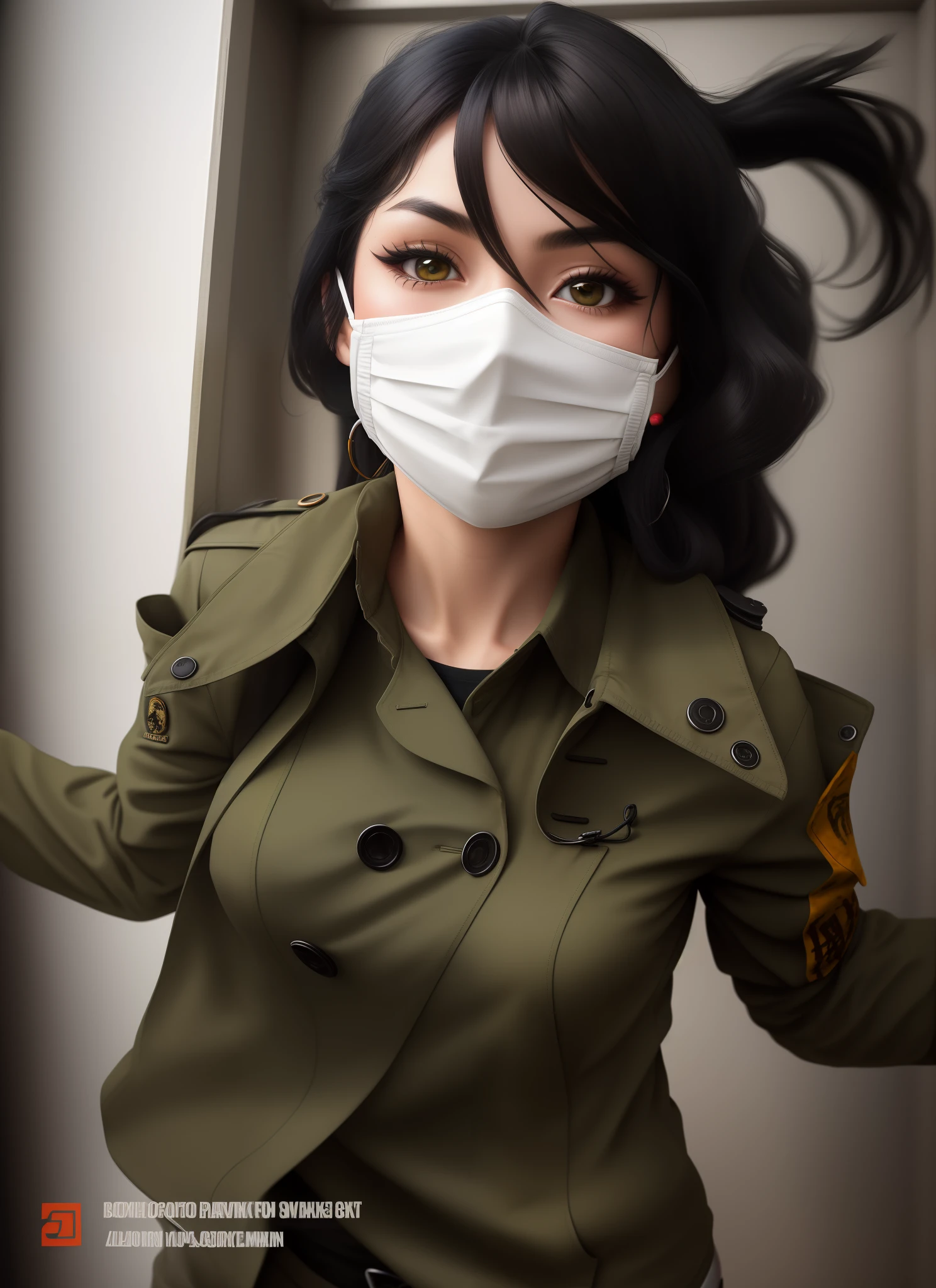 "Sexy woman with long black hair wearing a black mouth mask, donning an olive green trench coat, a brown t-shirt, camo cargo pants, and white sneakers."