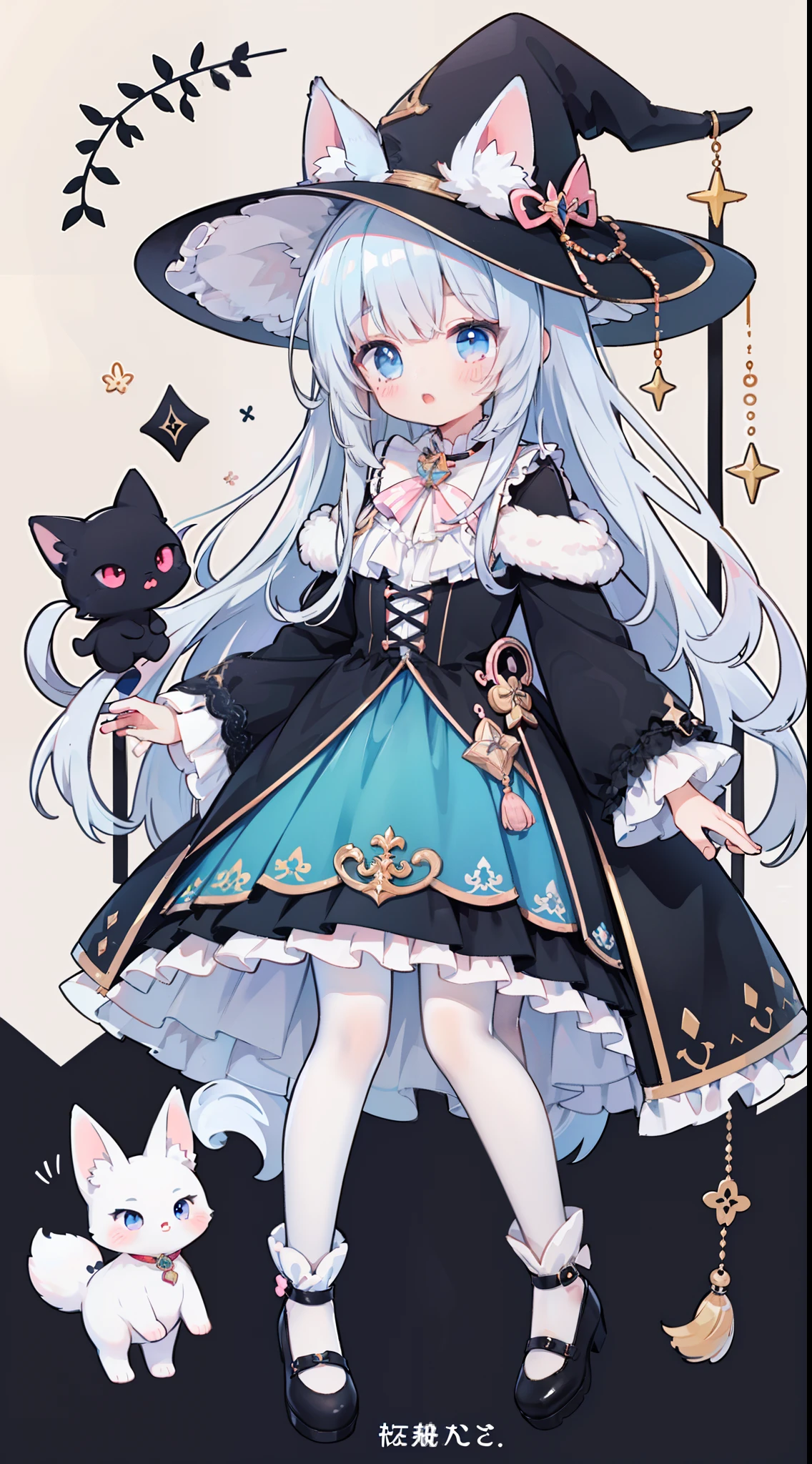 One Girl、（Light blue and pink 1:1）、cute little、Long、Wavy hair、​masterpiece、Top image quality、top-quality、witch outfit、witch's hat、A dark-haired、Very long hair，fox ears，white hair，(white pantyhose)