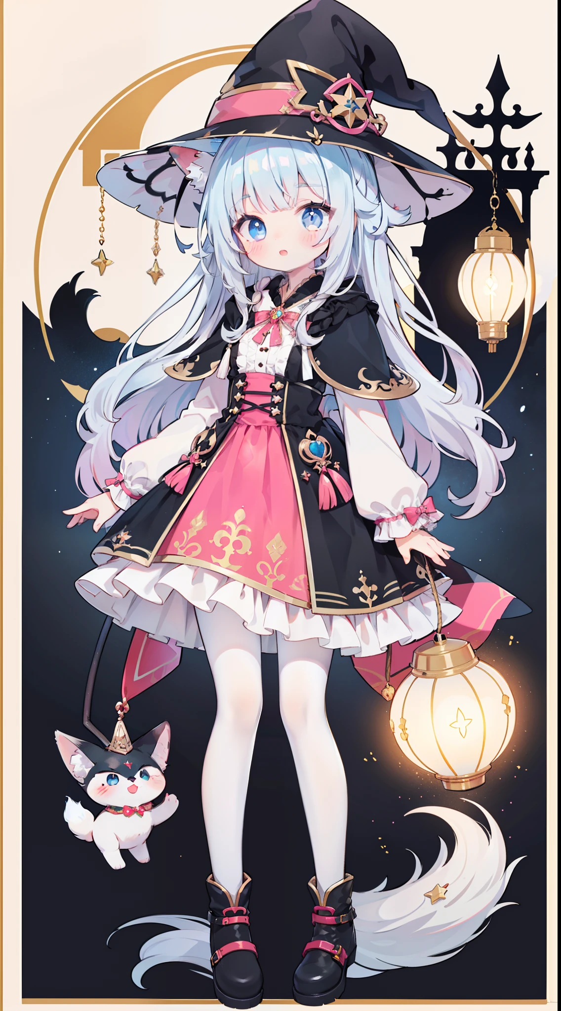 One Girl、(Light blue and pink 1:1)、cute little、Long、Wavy hair、masterpiece、Top image quality、top-quality、witch outfit、witch's hat、A dark-haired、Very long hair,fox ears,white hair,(white pantyhose)