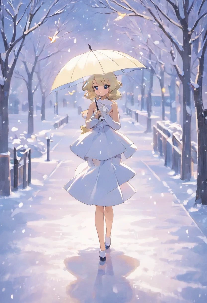 Winters,the night,nevando,Snow on the ground,pedestrian walkway,Holding an umbrella,White umbrella,Long white dress,shot from a far distance,