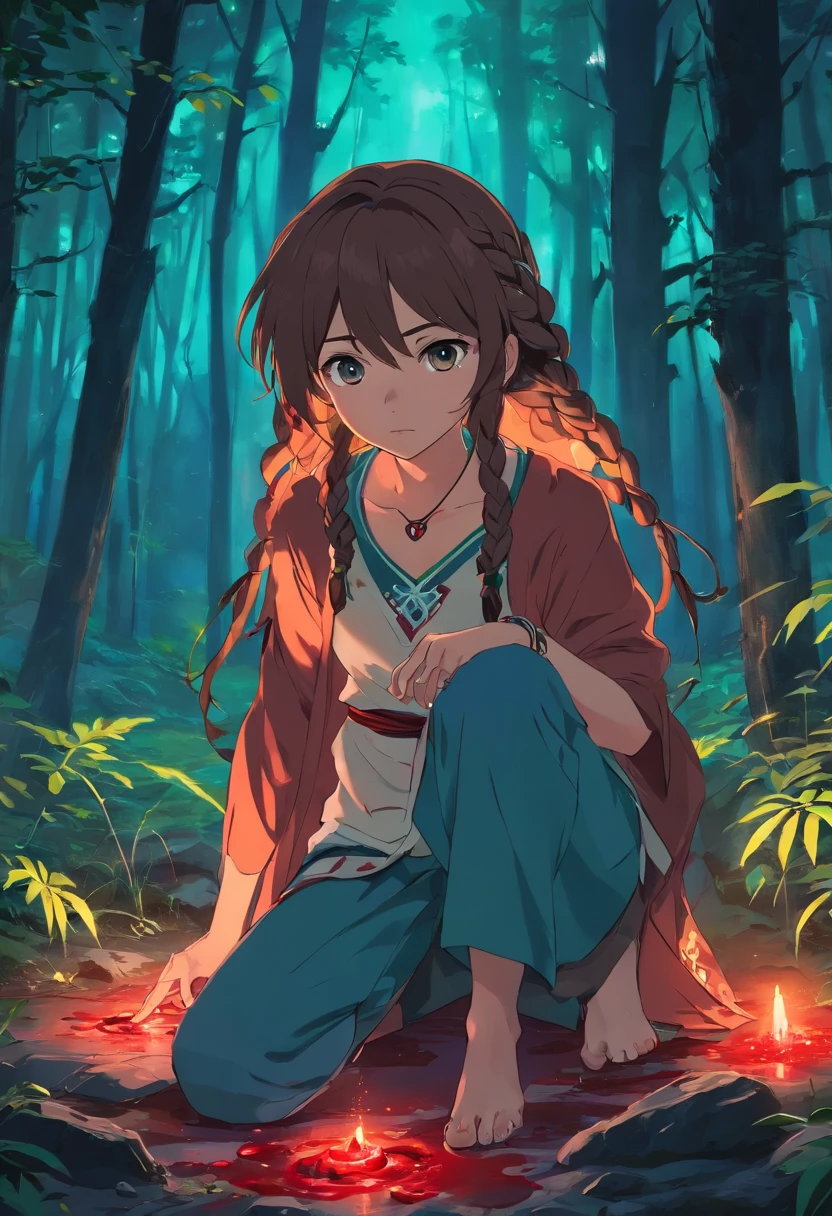 Anime girl, celtic, young adult, braided hair, shaman, feral, covered in blood, crouched, bone jewellery, thretaning, midnight, forest background
