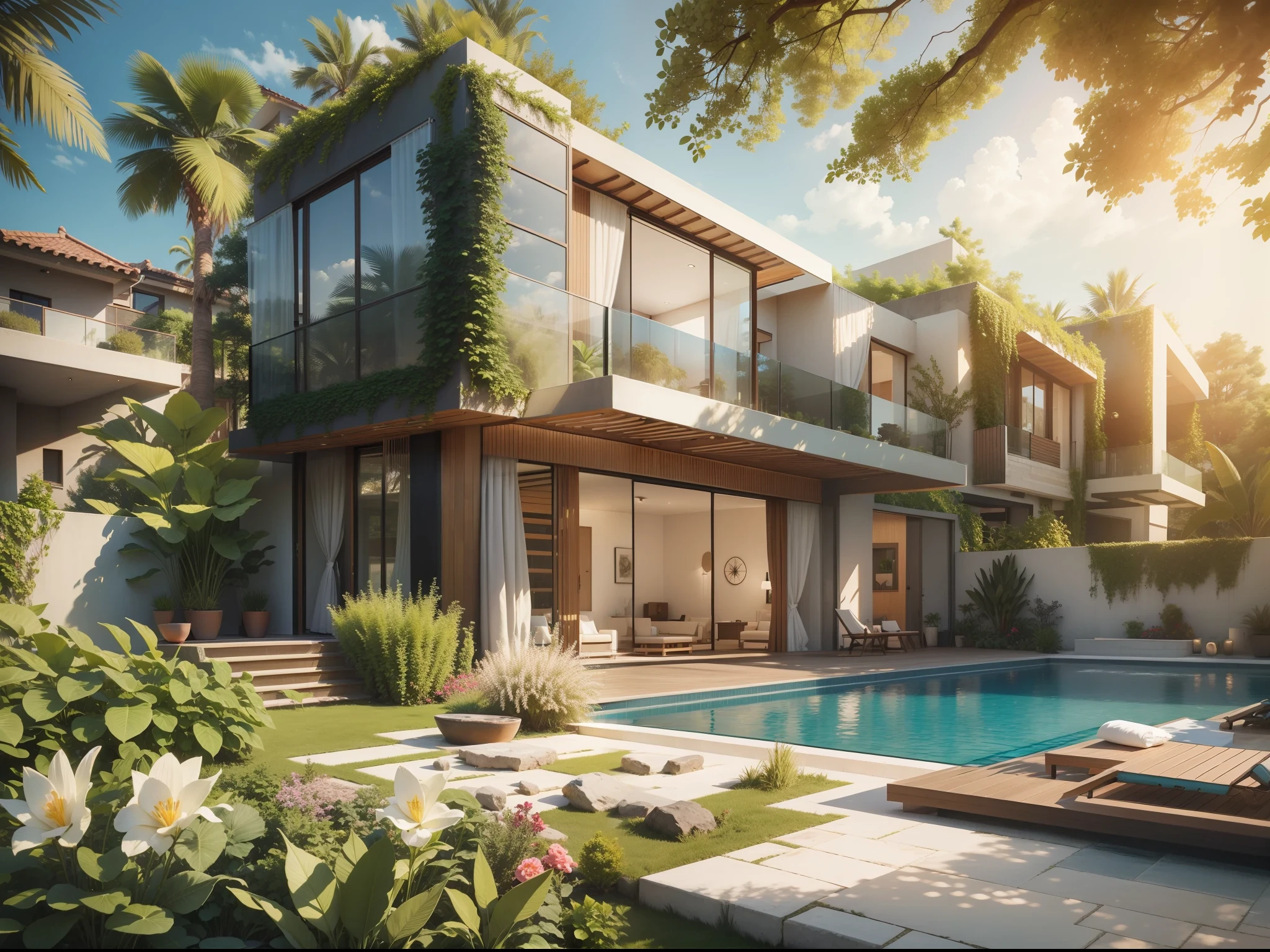Modern superior villa ,Two floors, Pool,trpical garden, and the sun was shining brightly, the detail， 4K， k hd， high high quality