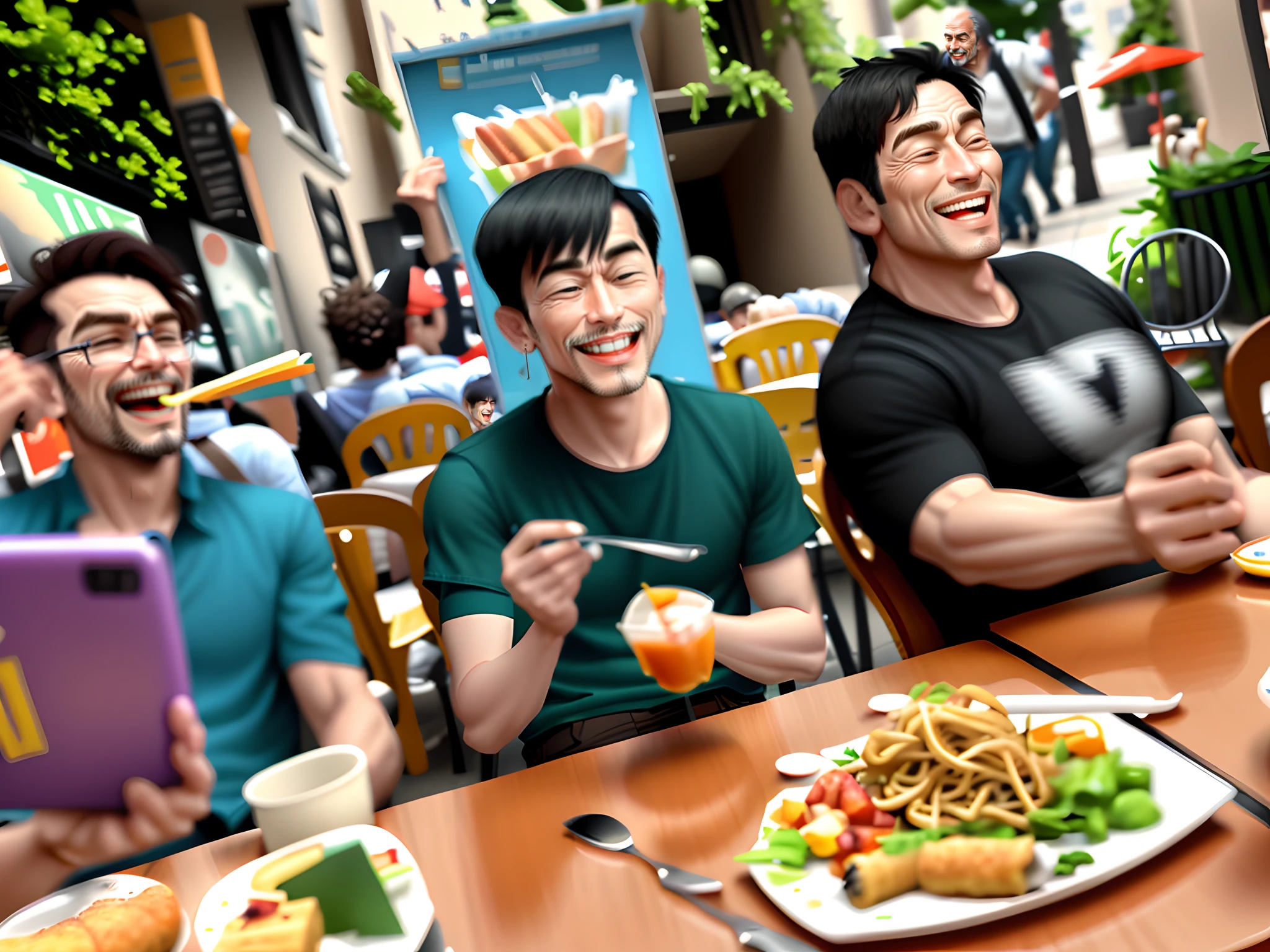 3 men having lunch, laughing
