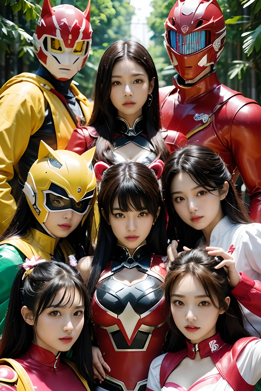 Outrageous resolution、hight resolution、(​masterpiece:1.4)、ultra-detailliert、Crisp details、Dramatic and photorealistic pictorial art、Super Sentai Series、Megaranger、Hero Mask、（reddish、verdant、A black、amarelo、pink there、Fivesome）Righteous heroes、Decide on a transformation pose、