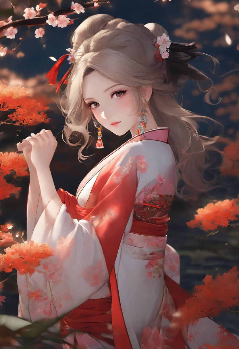 masutepiece, Best Quality, Illustration, Ultra-detailed, finely detail, hight resolution, 8K Wallpaper, Perfect dynamic composition, Beautiful detailed eyes, Kimono, Off-shoulder, cleavage, Full body