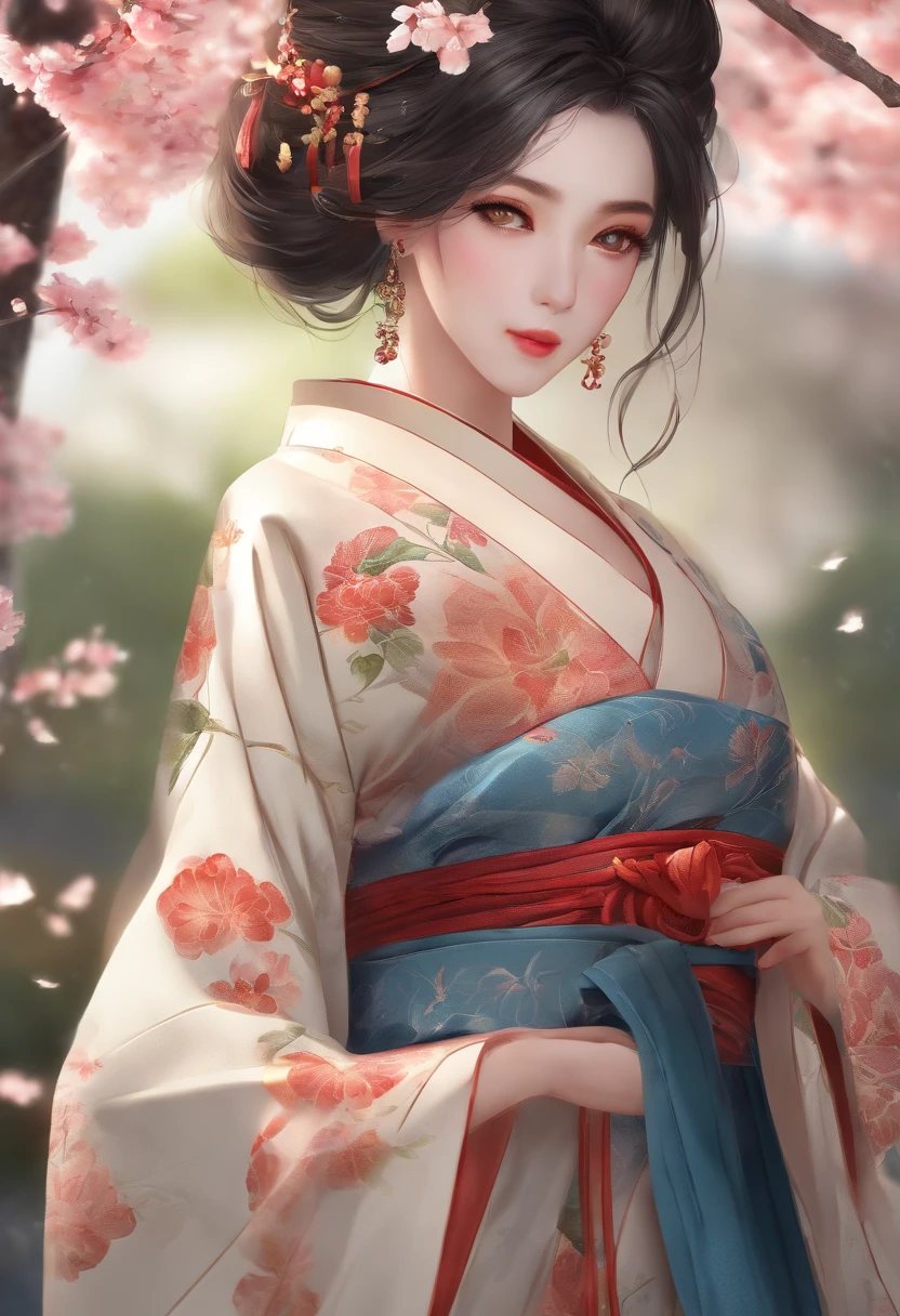 masutepiece, Best Quality, Illustration, Ultra-detailed, finely detail, hight resolution, 8K Wallpaper, Perfect dynamic composition, Beautiful detailed eyes, Kimono, Off-shoulder, cleavage, Full body