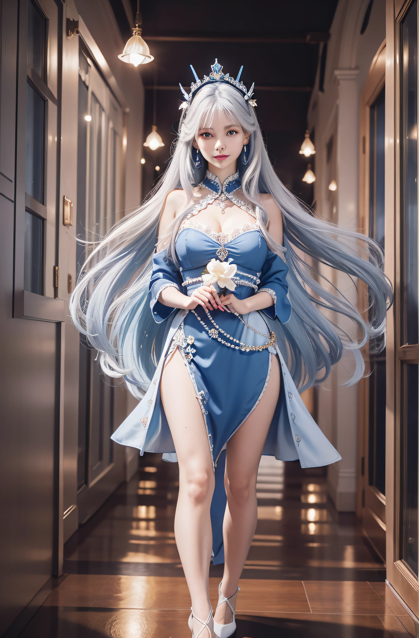 masterpiece, white long hair, wearing blue navy dress elegant, beautiful face, blue nail polish, glare expression, little smile, trident mermaid headband, photorealistic