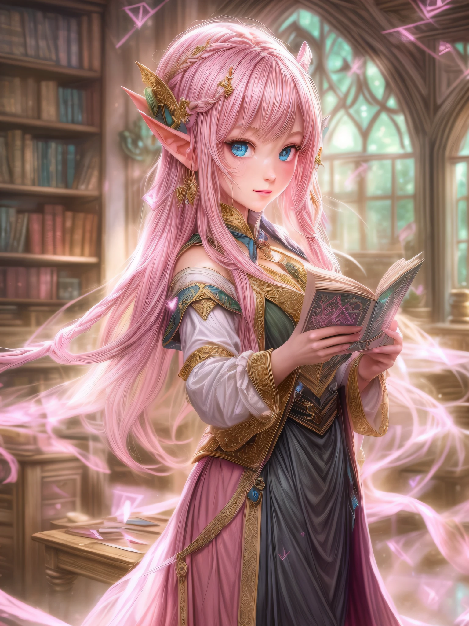 high details, best quality, 16k, [ultra detailed], masterpiece, best quality, (extremely detailed), ultra wide shot, photorealistic, a picture of an elf magical teacher (best details, Masterpiece, best quality: 1.5), teaching magical arts, manipulating magical pink magic runes GlowingRunes_pink (best details, Masterpiece, best quality: 1.5) at fantasy classroom, a female elf, exquisite beauty (best details, Masterpiece, best quality: 1.5), ultra feminine (best details, Masterpiece, best quality: 1.5), full body (best details, Masterpiece, best quality: 1.5) golden hair, hair in a long braid, small pointed ears, dynamic eyes color, wearing a teachers robe, standing in the classroom (best details, Masterpiece, best quality: 1.5), fantasy class background, best realistic, best details, best quality, 16k, [ultra detailed], masterpiece, best quality, (extremely detailed), ultra wide shot, photorealism, room is lit with bright light, depth of field,