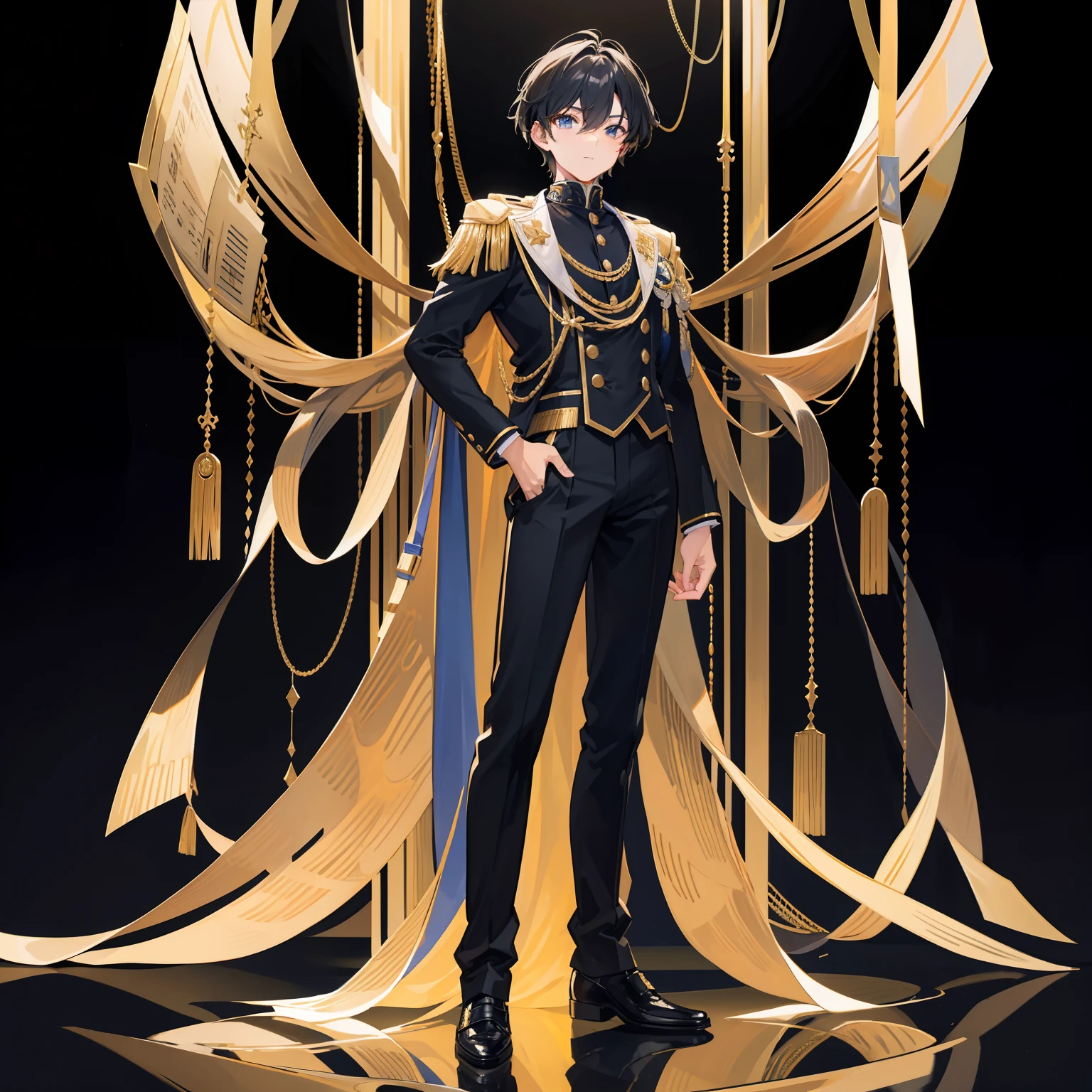 Junior high school boys，School uniform with gold rimmed on a black background，Rich young master，Full body like，stand posture