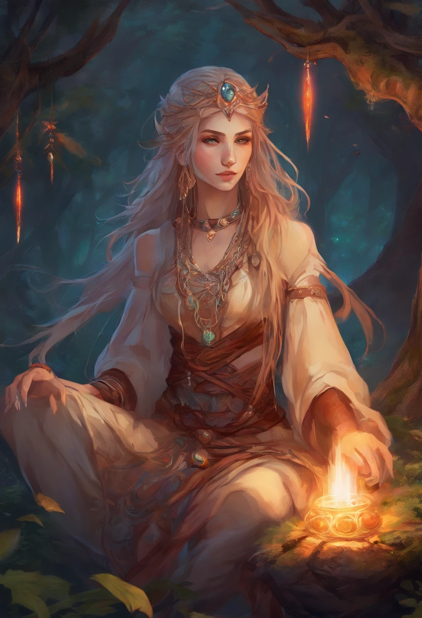 Anime girl, celtic, young adult, braided hair, shaman, feral, covered in blood, crouched, bone jewellery, thretaning, midnight, forest background