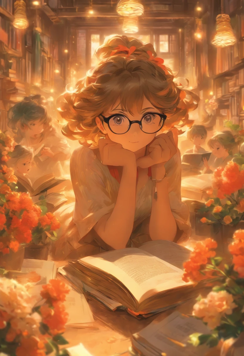 Quality first,masterpiece in detail,Middle-aged woman wearing glasses,sportrait,closeup cleavage,A few cute  are reading a book,in class room,fresh flowers,Rich in color