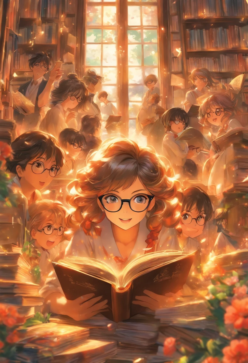 Quality first,masterpiece in detail,Middle-aged woman wearing glasses,sportrait,closeup cleavage,A few cute  are reading a book,in class room,fresh flowers,Rich in color