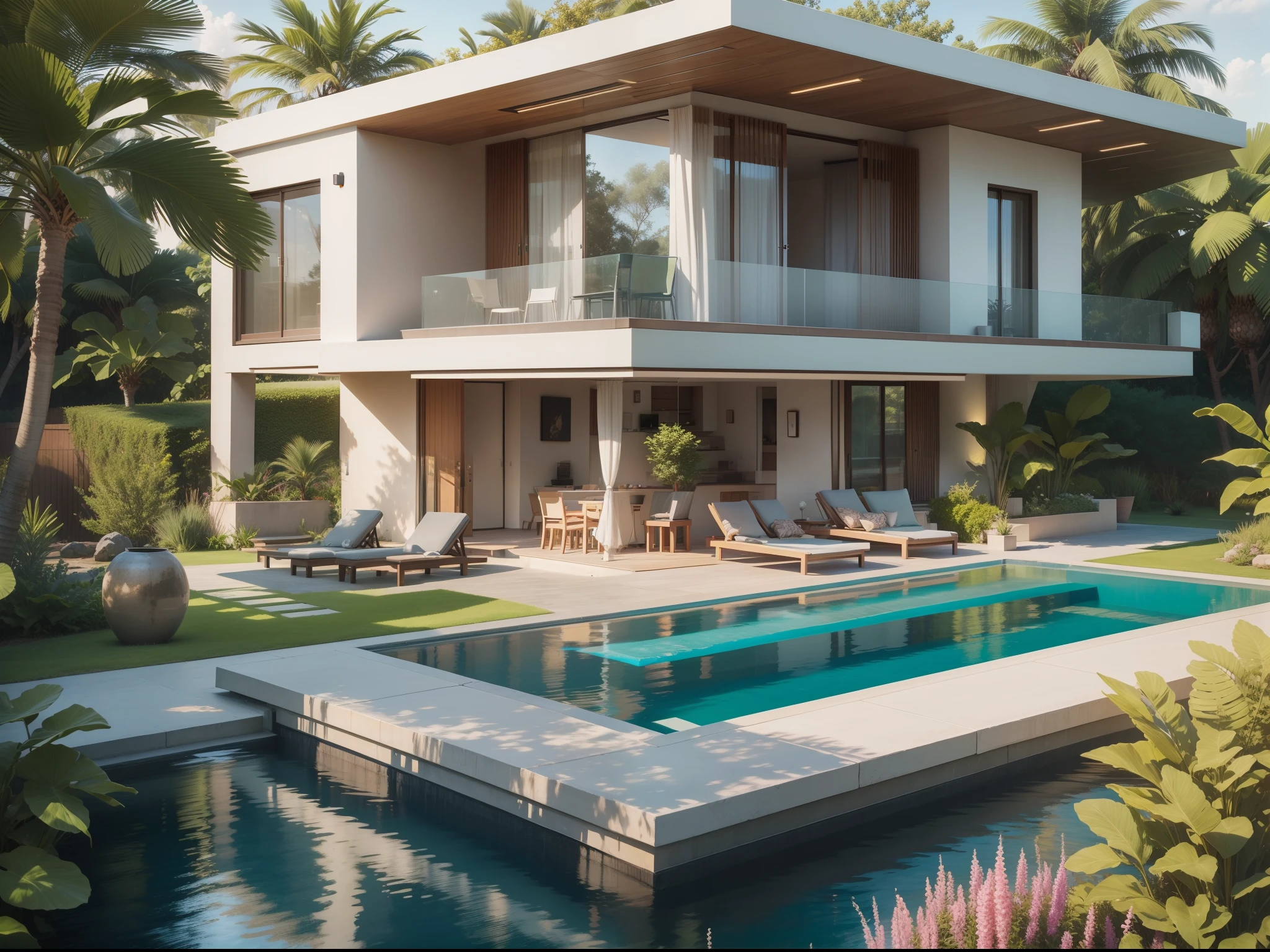 Modern superior villa ,Two floors, Pool,trpical garden, and the sun was shining brightly, the detail, 4K, k hd, high high quality
