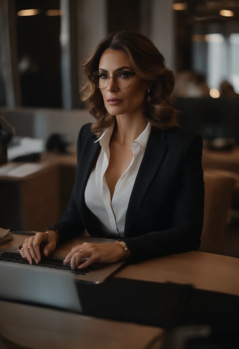 4k, Realistic, Charismatic, Very detailed, there's a girl(40anos, cabelos loiros longos com pontas claras, olhos esverdeados,bem maquiado,luxury businesswoman,psychologist,slim with medium breasts ,roupas blazer ,pants luxury brands ,bolsa dior ,sitting in the office with MacBook,)estilo profissional para colocar no Instagram