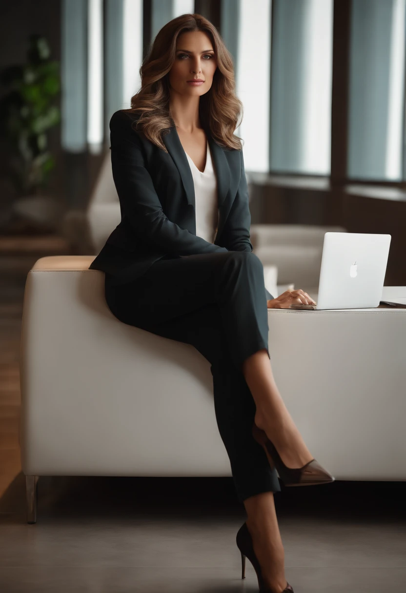 4k, Realistic, Charismatic, Very detailed, there's a girl(40anos, cabelos loiros longos com pontas claras, olhos esverdeados,bem maquiado,luxury businesswoman,psychologist,slim with medium breasts ,roupas blazer ,pants luxury brands ,bolsa dior ,sitting in the office with MacBook,)estilo profissional para colocar no Instagram
