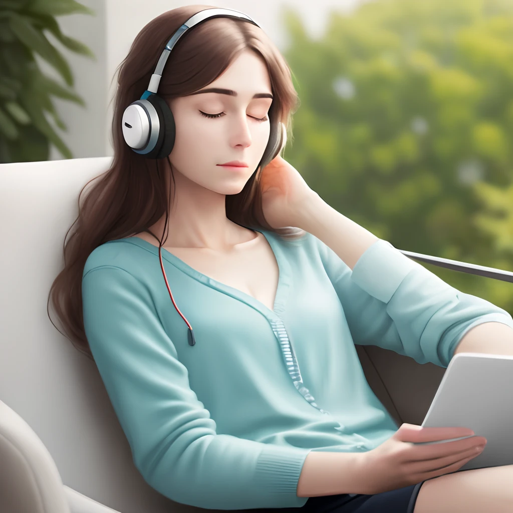 An image of a realistic woman listening to relaxing music