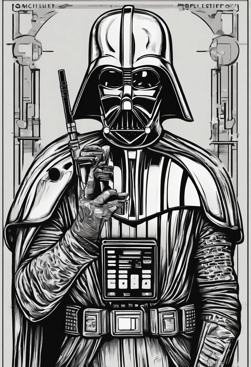 make a illustration logo style of darth vader holding a smart phone with grunge style, splashes, high definition, fine details, pro vector