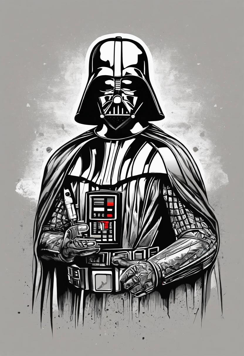 make a illustration logo style of darth vader holding a smart phone with grunge style, splashes, high definition, fine details, pro vector