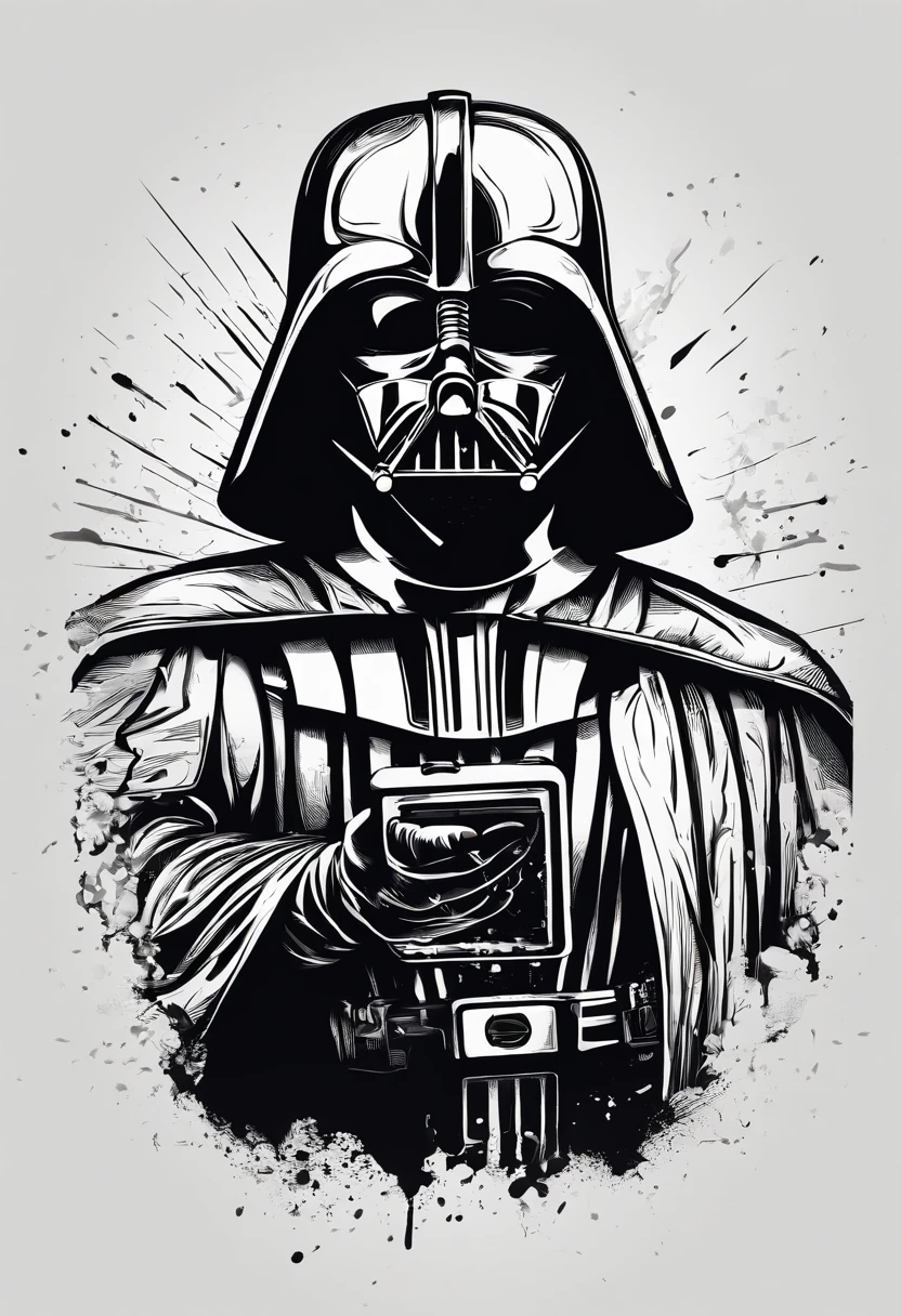 make a illustration logo style of darth vader holding a smart phone with grunge style, splashes, high definition, fine details, pro vector