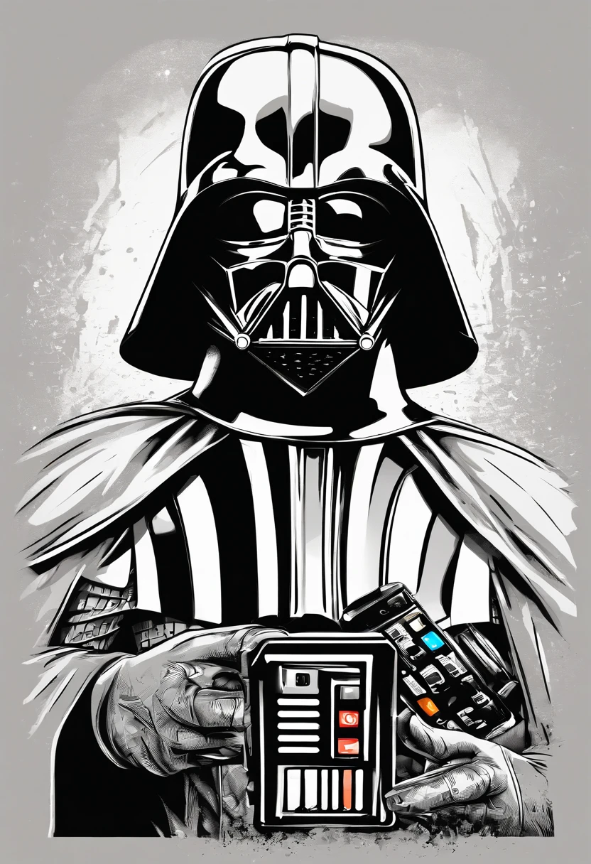 make a illustration logo style of darth vader holding a smart phone with grunge style, splashes, high definition, fine details, pro vector