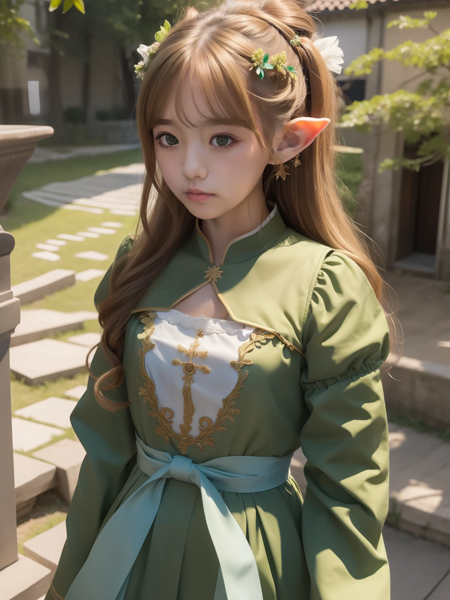 top-quality, masterpiece, ultra-detailliert, Girl Like an Elf, 独奏, cute little, Wearing hair ornaments, Green clothing, Being in a European village, Sad look
