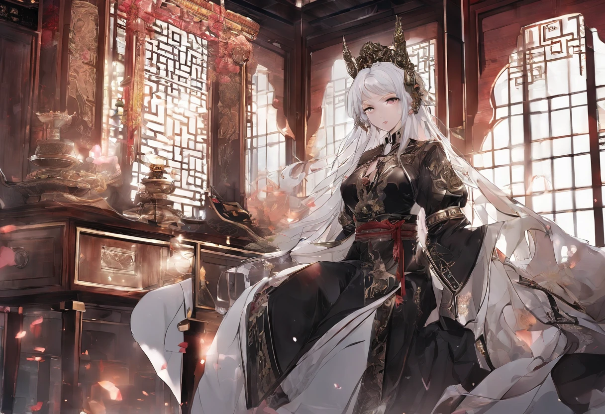 Fengshen Bang，tmasterpiece，ultra fine photos，，best qualtiy，超高分辨率，Photoreality，Chiaroscuro，（full-body portraits），stunningly beautiful，dynamicposes，delicated face，Bigchest，Murderous eyes，（seen from the side），She wears gold ancient Chinese armor，very highly detailed background，detailed face with，Detailed and complex busy background，untidy，opulent，milkyW，Highly detailed skin，Realistic details of skin，Visible Pore，tack sharp focus，volume fog，8k uhd，digital SLR camera，high qulity，filmgrain，White skin of the，photo-realism，lomography，The palace of the Yin Shang King in ancient China , look from down, semi transparent, gigantic breasts, showing cleavage, full body shot camera angle, lotus tattoo on forehead, sexy body: 1.4, Slim abdomen: 1.2, sitting on chair with legs up, gigantic deep cleavage, open shirt, opens her legs in an M shape,