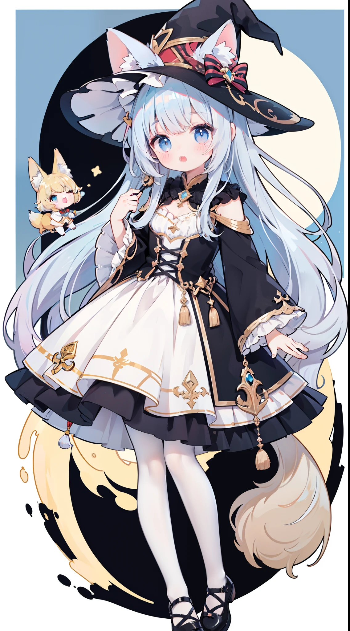 One Girl、(Light blue and pink 1:1)、cute little、Long、Wavy hair、masterpiece、Top image quality、top-quality、witch outfit、witch's hat、A dark-haired、Very long hair,fox ears,white hair,(white pantyhose)