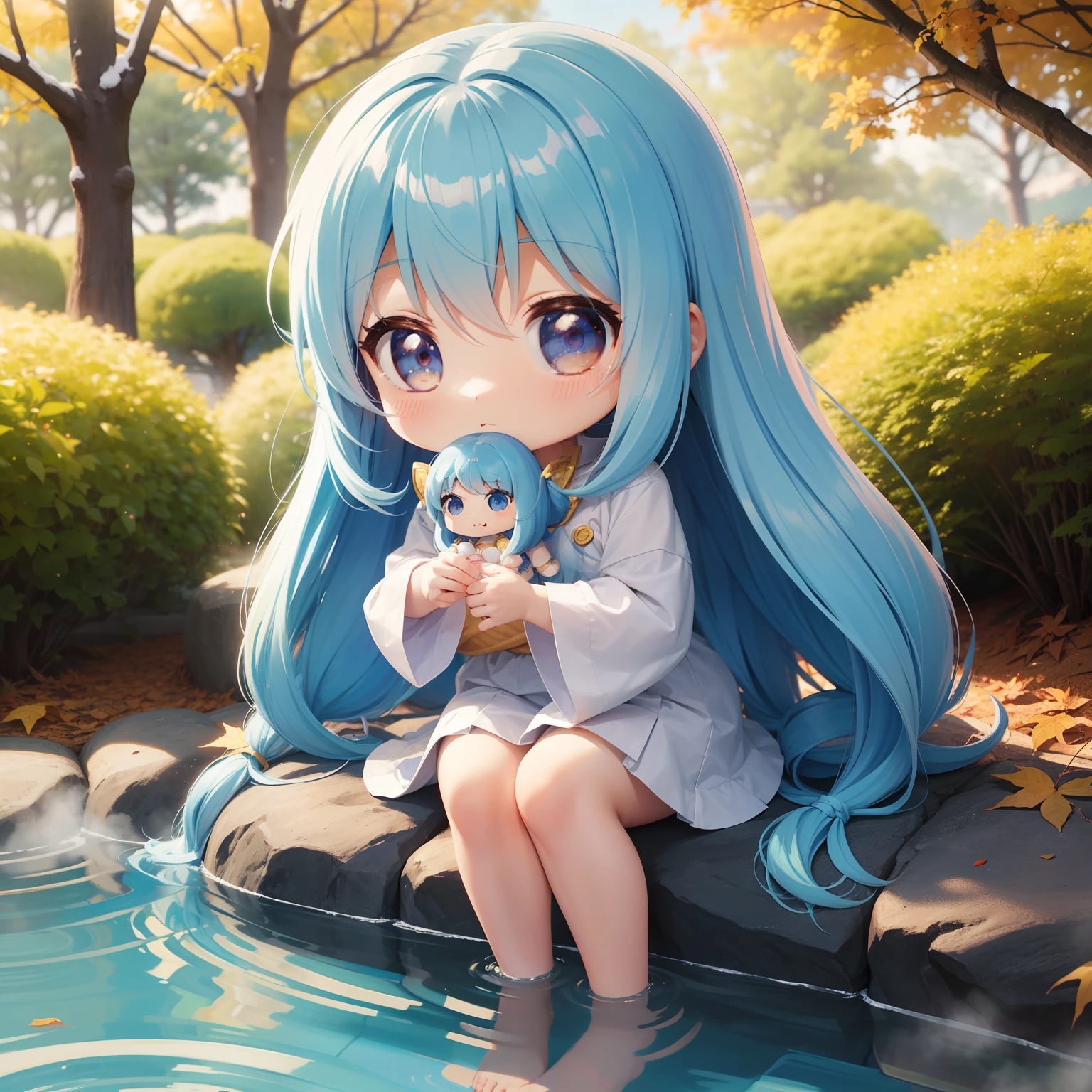 Chibichara　long hair with blue hair((Chibi Chara))、Fluffy、girl with、Chibi Chara、full body Esbian、Pastel colors hair、masutepiece、top-quality、Background of autumn leaves、Bathing in a hot spring。