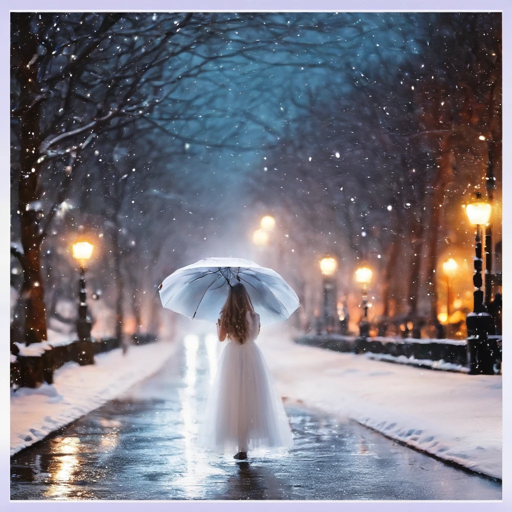 Winters,the night,nevando,Snow on the ground,pedestrian walkway,Holding an umbrella,White umbrella,Long white dress,shot from a far distance,