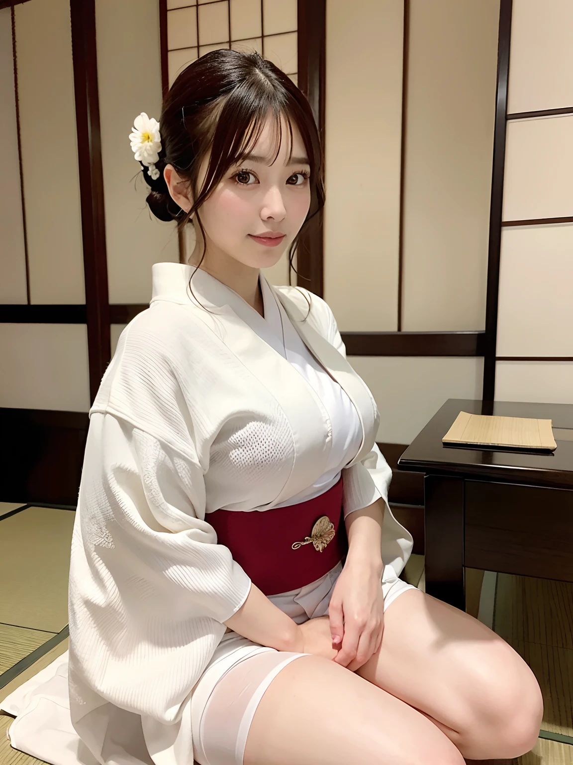 (table top, highest quality:1.4), beautiful face, 8K, 85mm, absurd body shots:1.3))、((traditional japanese room(With futon)))、(Floral pattern long-sleeved kimono:1.4), cowboy shot、Biolace, gardenia, delicate girl, alone、((full nude:1.4))、(((No panties:1.4)))、((not wearing panties:1.4))、((torn skirt:1.4))、((Detailed female genitalia visible:1.4))、((pubic hair:1.4))、single hair bun hair、night, looking at the viewer, Upper body, film grain, chromatic aberration, sharp focus, face light, professional lighting, Sophisticated, (smile:0.4), ( background, Bokeh background:1.2), face