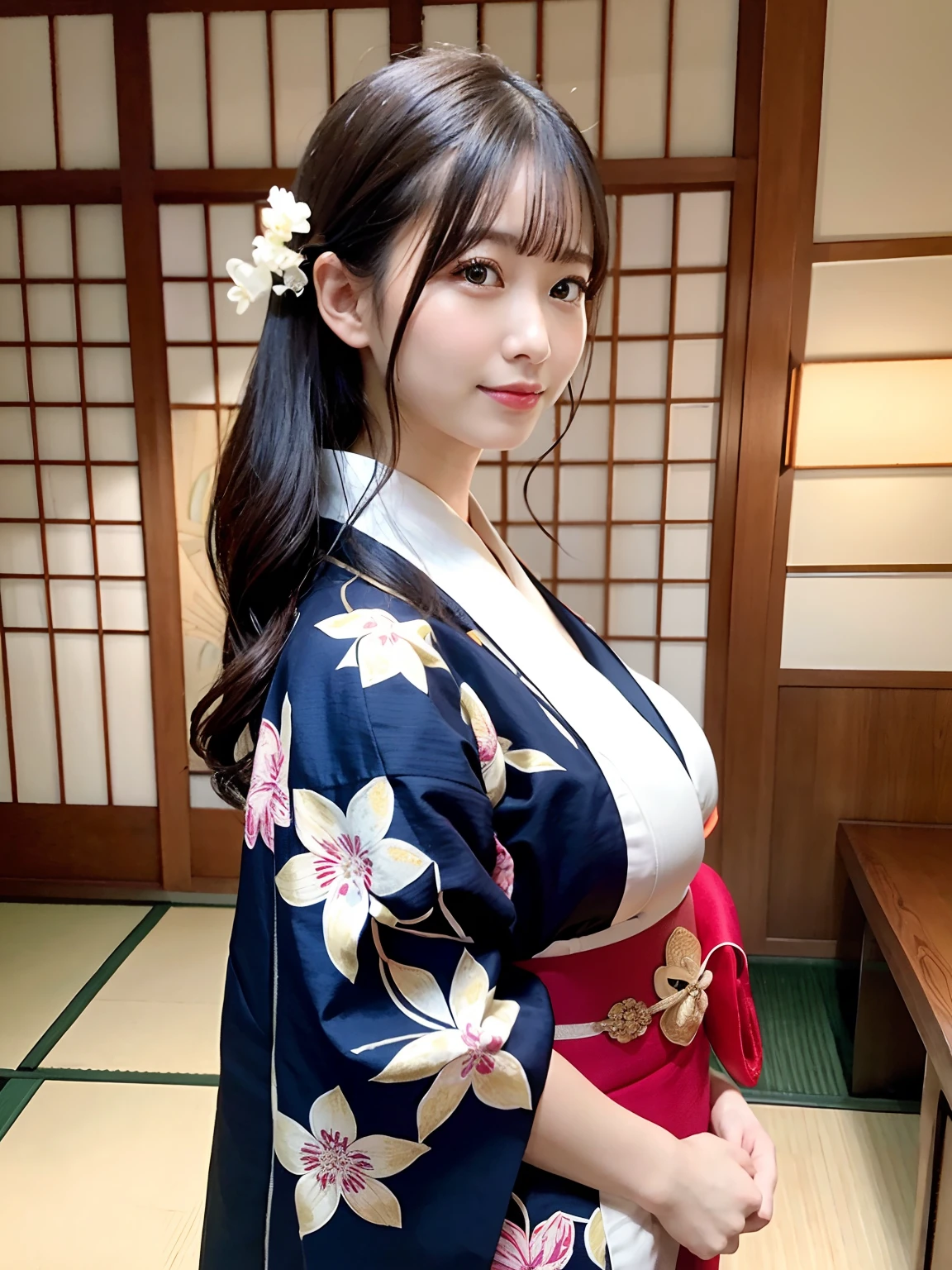 (8k、RAW Photos、Highest quality、masterpiece:1.2)、((night、Dark Room、Japanese-style room:1.5))、((naked、kimono、Nipples、Big Breasts、pubic hair:1.3))、((smile、sleep:1.2))、(Realistic、Realistic)、1 person、(On the bed))、cute