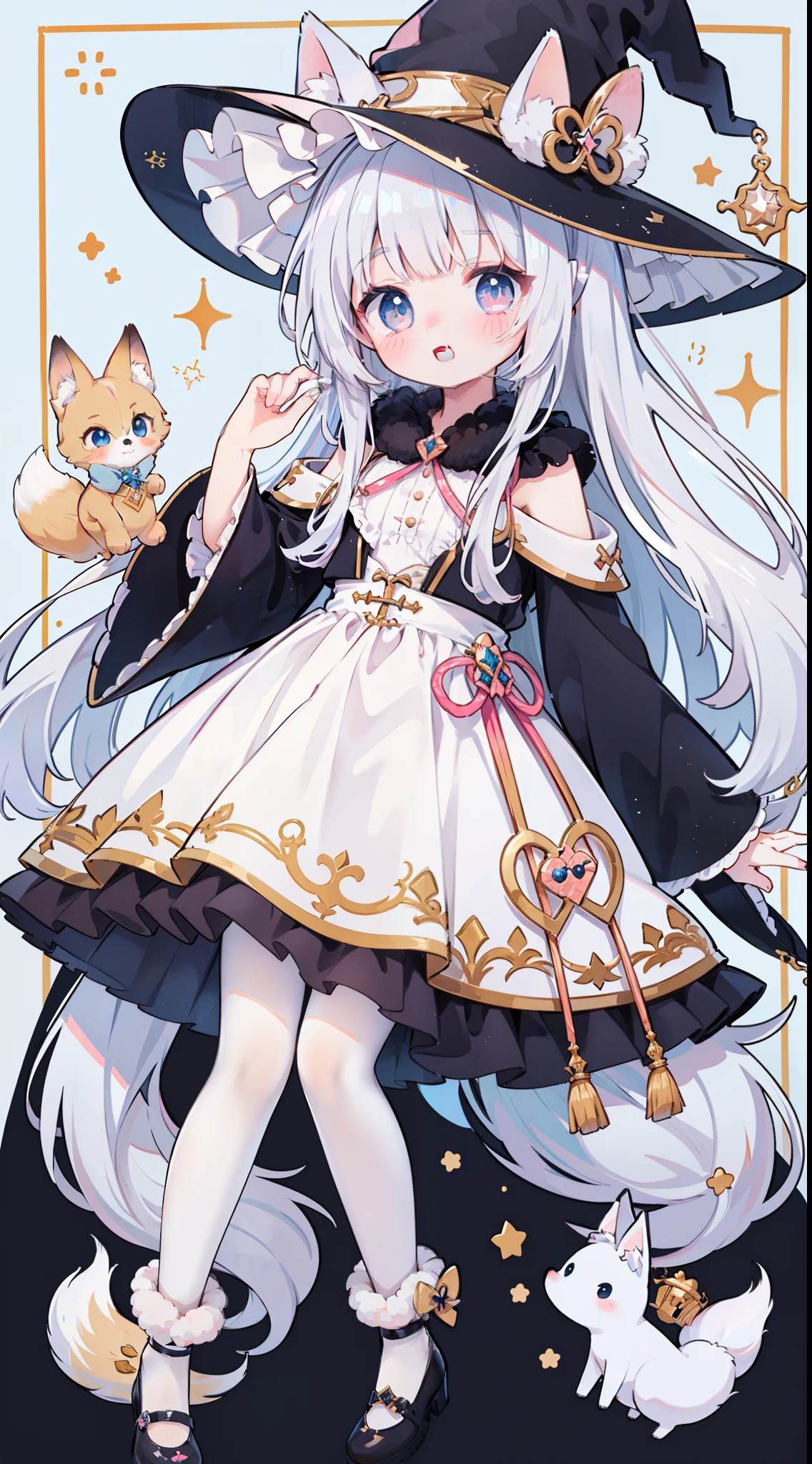 One Girl、(Light blue and pink 1:1)、cute little、Long、Wavy hair、masterpiece、Top image quality、top-quality、witch outfit、witch's hat、A dark-haired、Very long hair,fox ears,white hair,(white pantyhose)