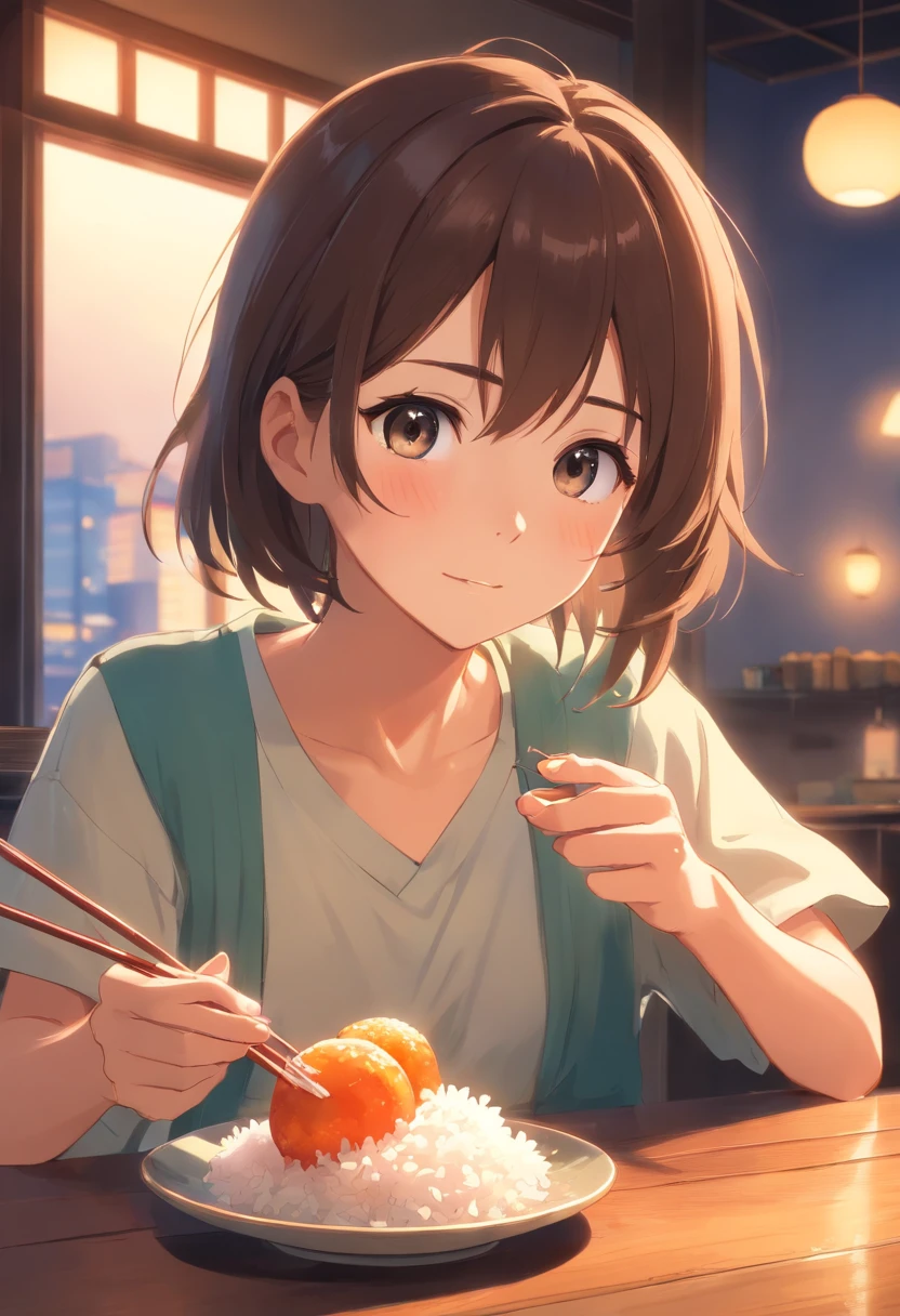 masterpiece、top-quality、Movie stills、1girl in、Eating rice balls with one hand、I have my mouth wide open、tears、Hold the pen with the other hand、inside in room、a closeup、Happiness、Warm and soft lighting、zori、(Spark:0.7)