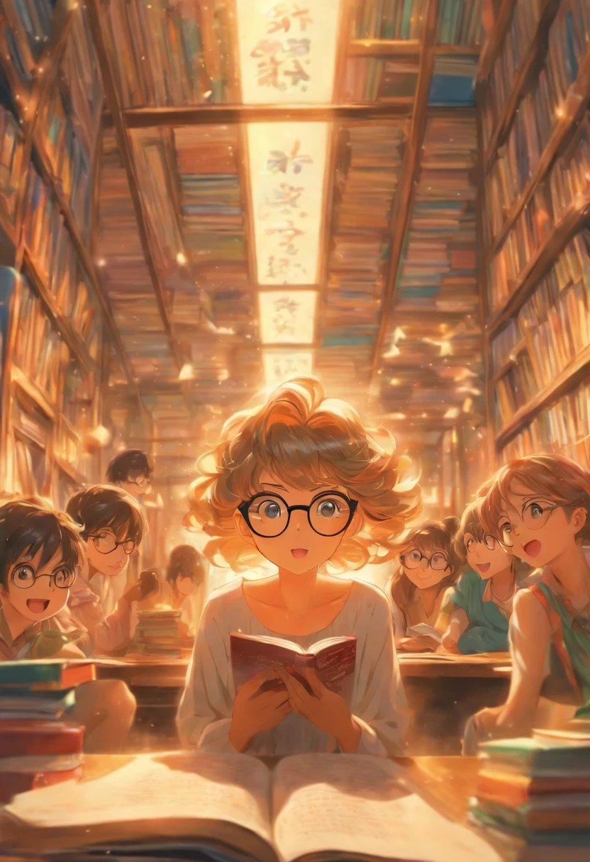 Quality first,masterpiece in detail,Middle-aged woman wearing glasses,sportrait,closeup cleavage,Several cute reading a book,in class room,fresh flowers,Rich in color