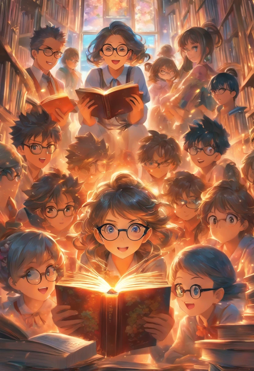 Quality first,masterpiece in detail,Middle-aged woman wearing glasses,sportrait,closeup cleavage,Several cute kids reading a book,in class room,fresh flowers,Rich in color
