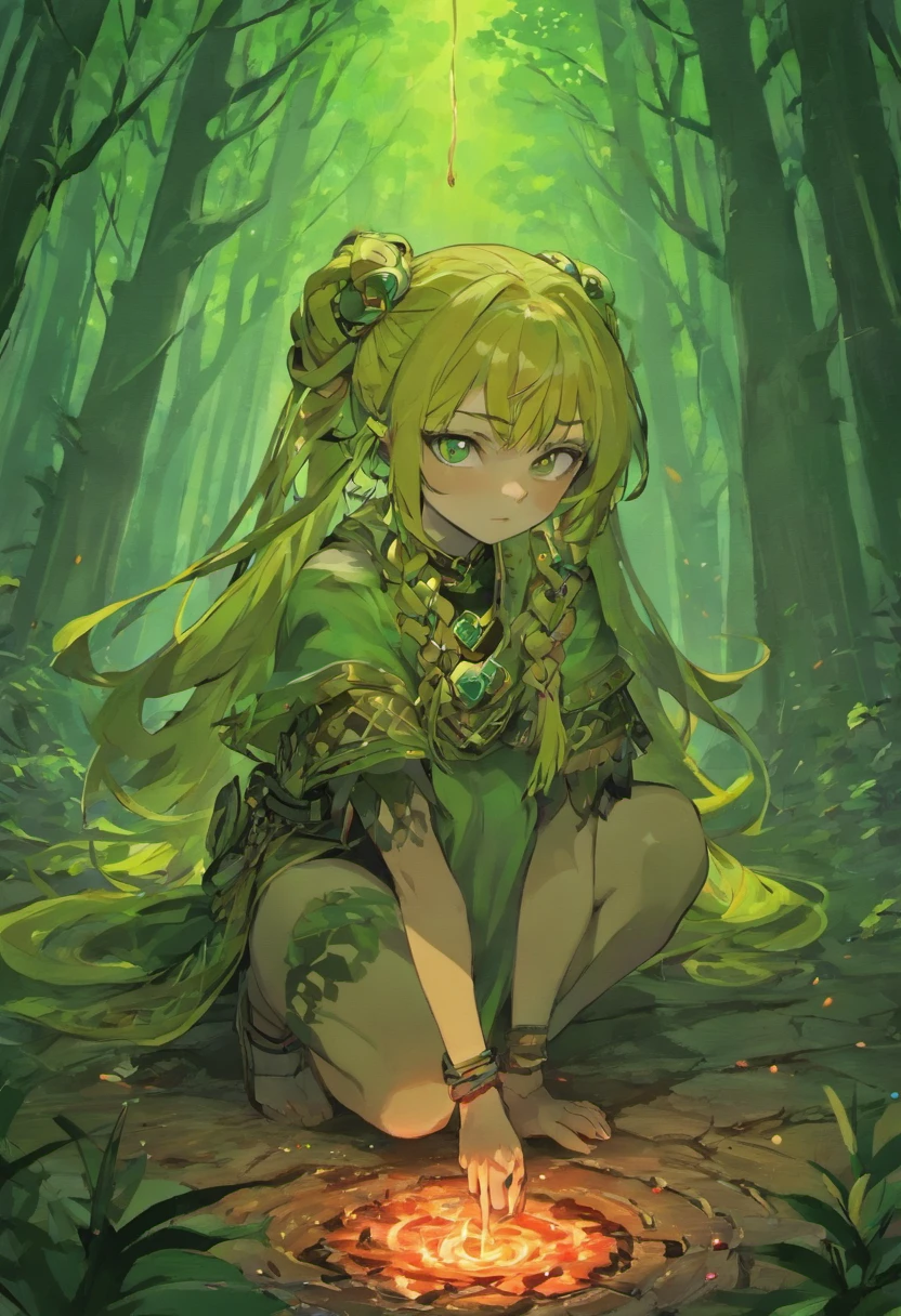Anime girl, celtic, young adult, curvy, mature, braided hair, shaman, feral, covered in blood, crouched, bone jewellery, thretaning, midnight, forest background
