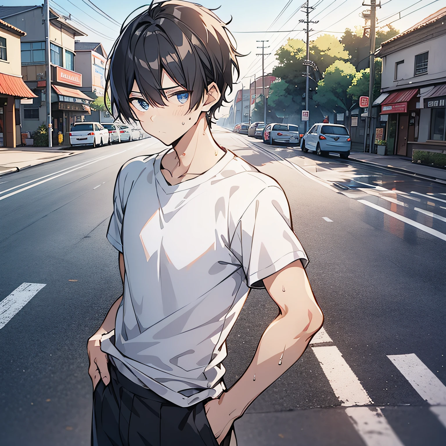 Around 18 years old, young anime man,Short black hair 1.5,Wear a plain white shirt,Stand on the side of the road in town(Frown 1.5)(Sweat 1.5)(The background is on the roadside of the town:1.5),Anime style 4K,Anime rendering,style of anime,8K fineness,(Upper body display:1.5)(Cinematic lighting:1.5)(Handsome anime boy 1.5)