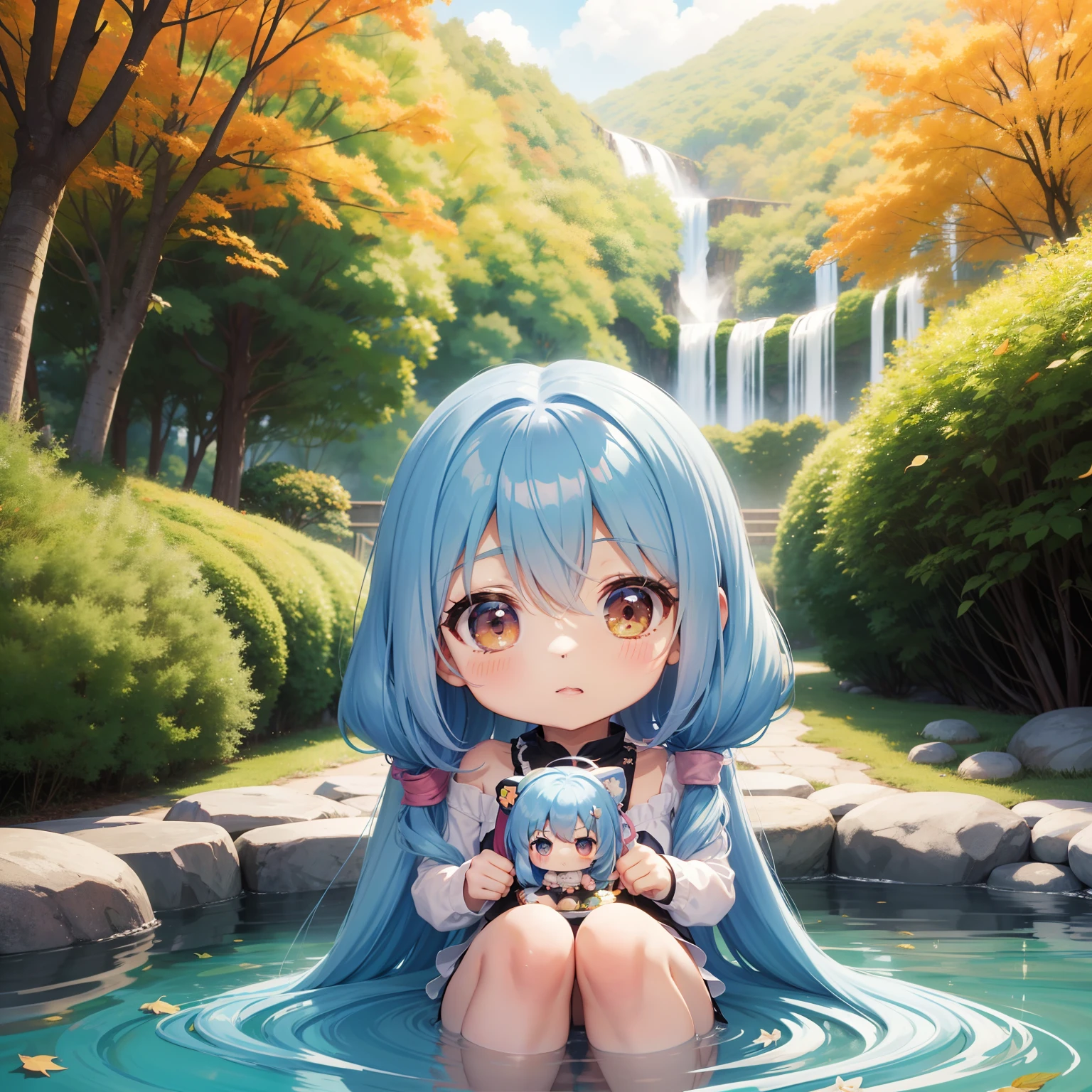 Chibichara long hair with blue hair((Chibi Chara))、Fluffy、girl with、Chibi Chara、full body Esbian、Pastel colors hair、masutepiece、top-quality、Background of autumn leaves、Bathing in a hot spring。